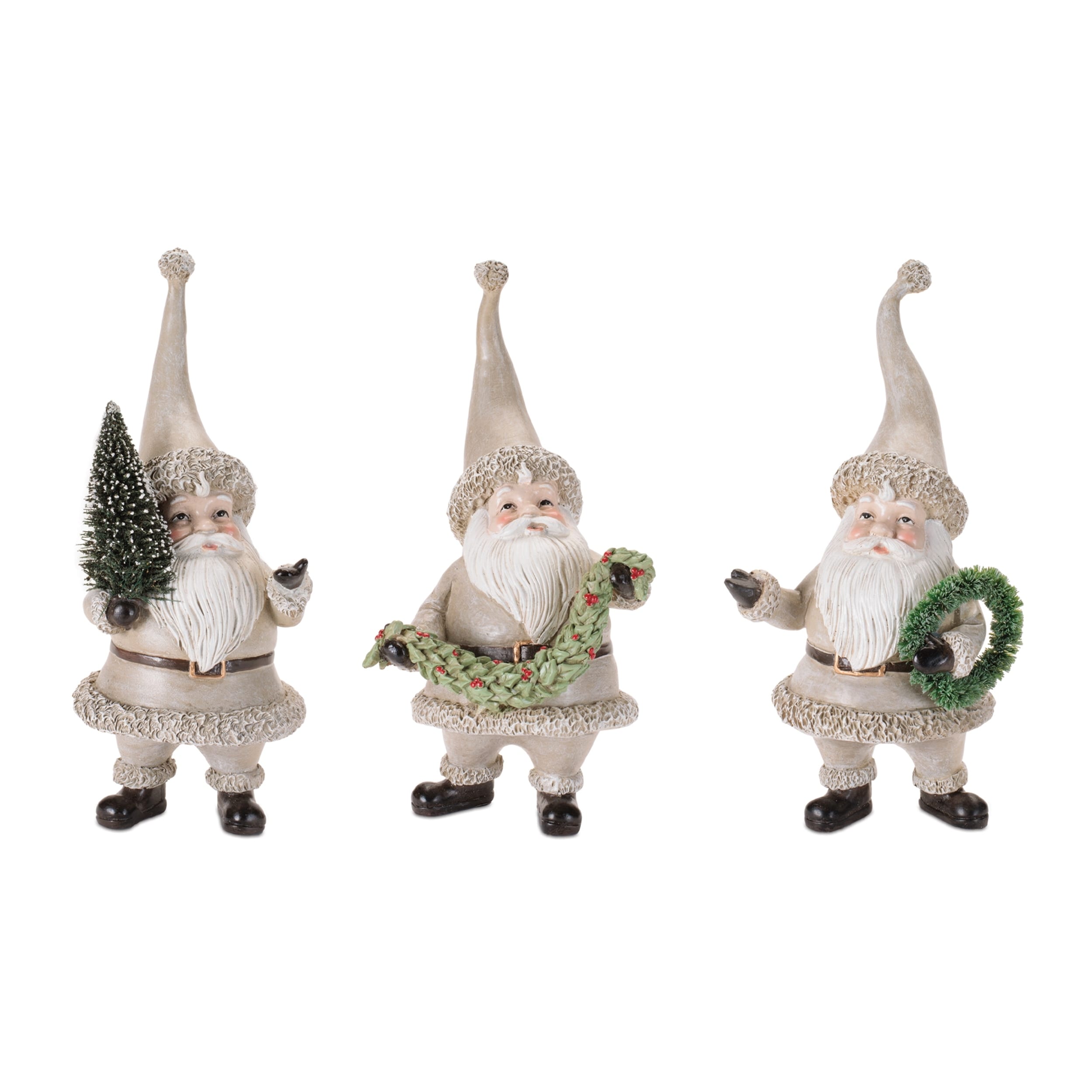 Rustic Santa Figurines With Tree And Wreath Set Of 3