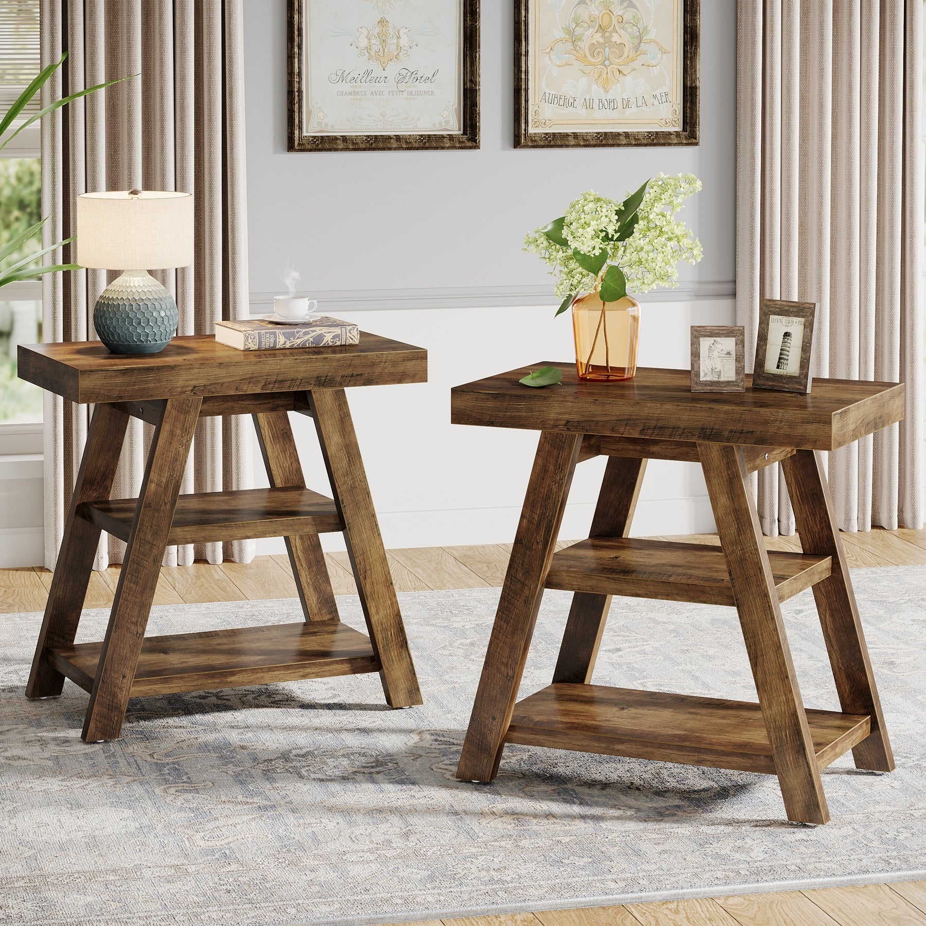Rustic Side Table Set Of 2 Wooden End Table With Trapezoid Legs