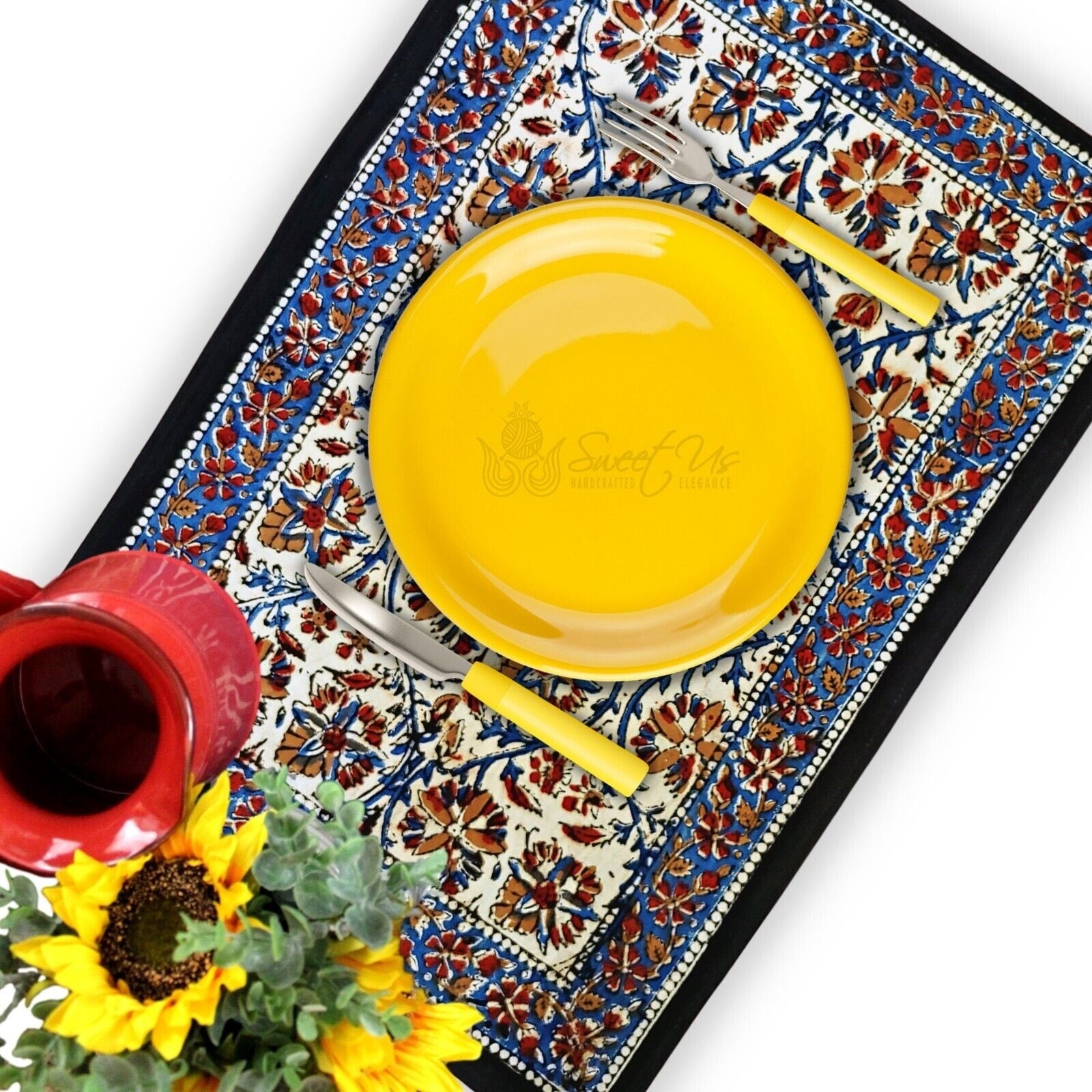 Kalamkari Mandala Floral Paisley Block Print Cotton Tablecloth Rectangular 60X90 Inch Square 60X60 Round Napkins Placemats