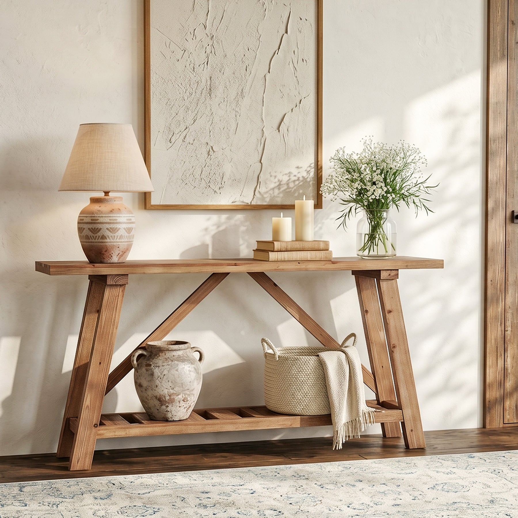 Rustic Solid Wood Entryway Table 62.9 Console Table With Storage Shelf Behind Sofa Hallway Foyer Accent Table