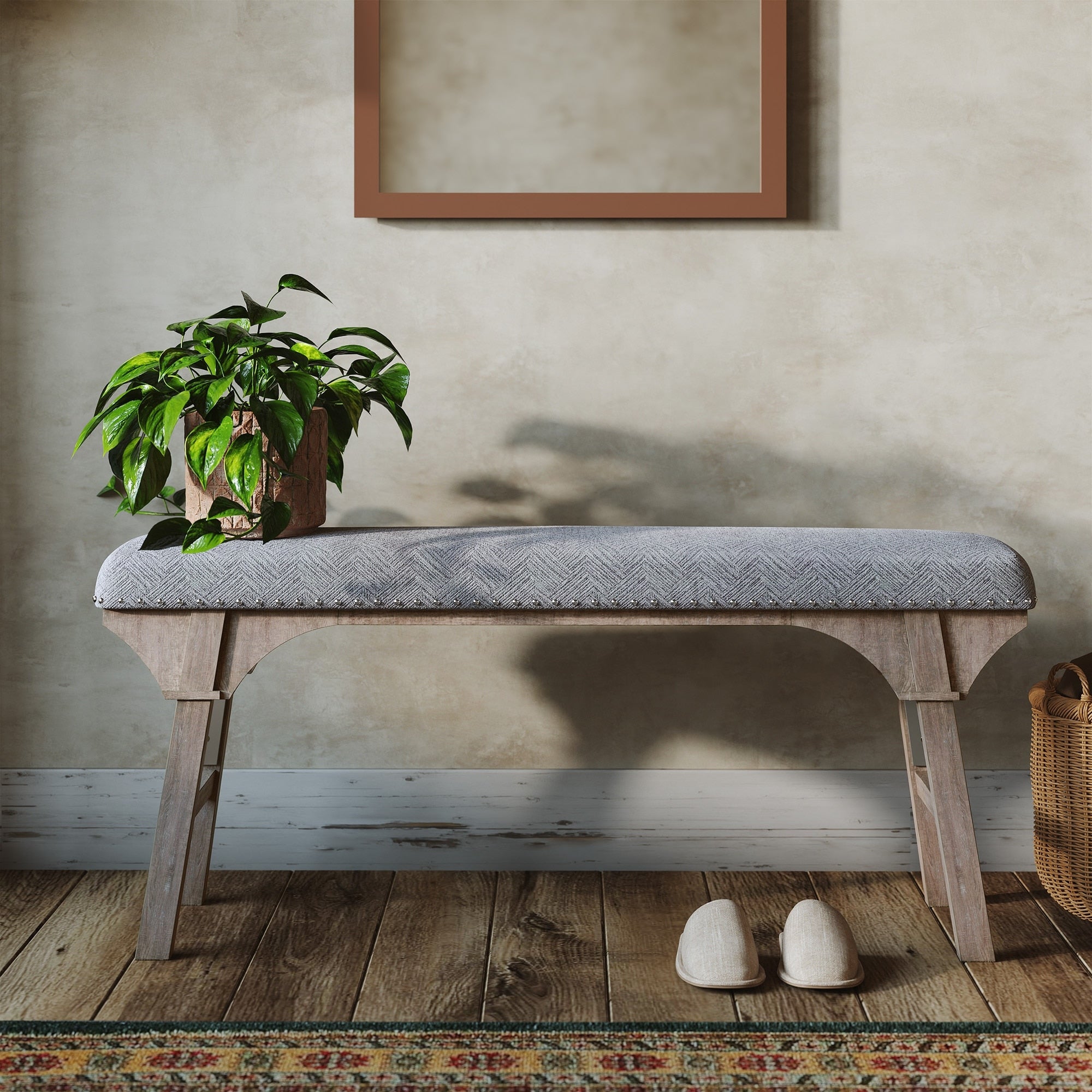 Rustic Upholstered Entryway Bench With Distressed Solid Wood Legs