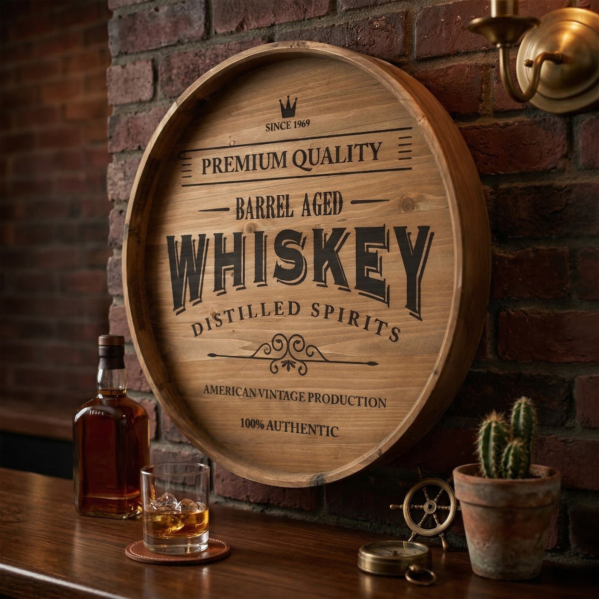 Rustic Whiskey Barrel Wall Decor Sign Framed Natural Wood Plaque For Man Cave Home Bar Kitchen Garage Office 18