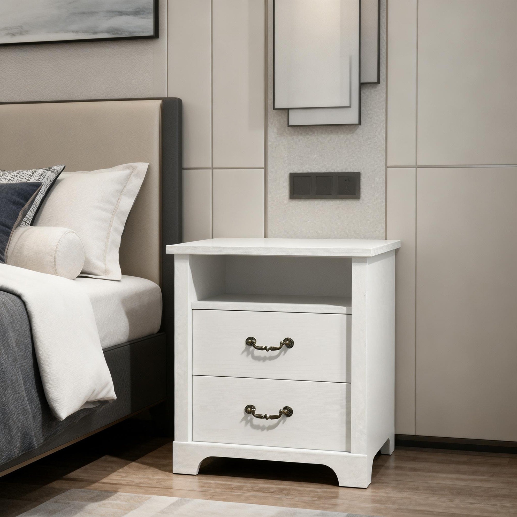 Modern White Nightstands With Open Shelf And 2 Drawers