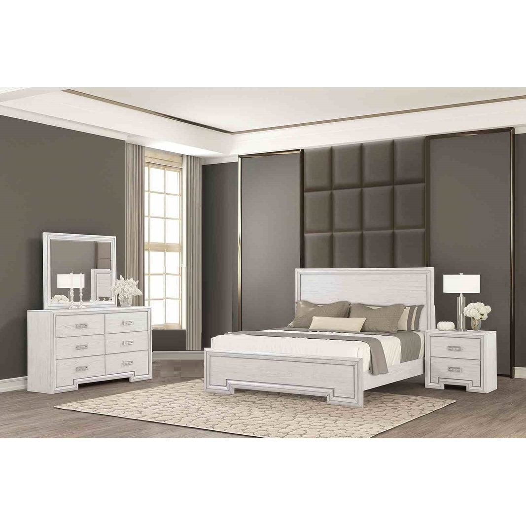 Rustic White Transitional 4 Piece Bedroom Set With Usb Nightstand