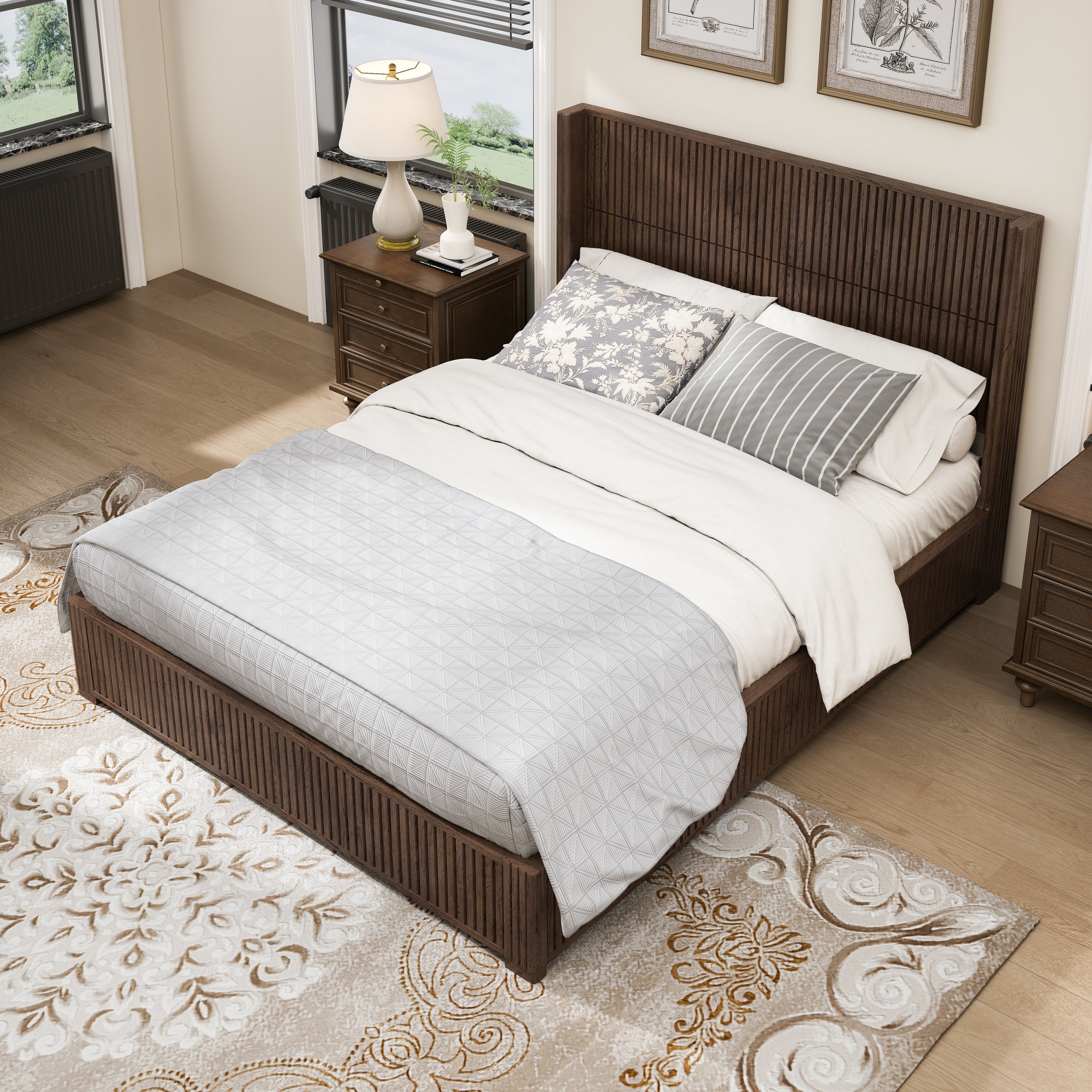 Rustic Wood Queen Platform Bed Frame Floor Bed With Headboard