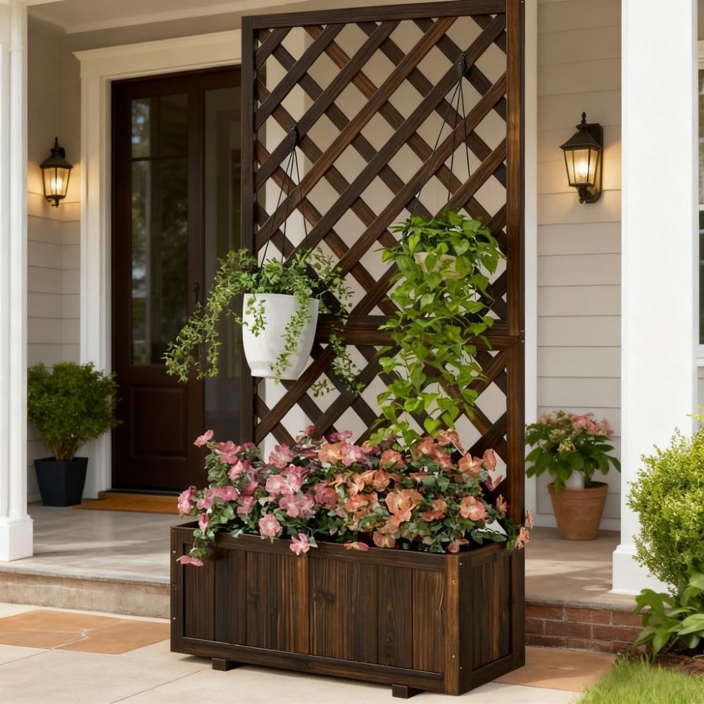 Rustic Wood Raised Garden Bed Trellis And Drainage For Outdoor Use