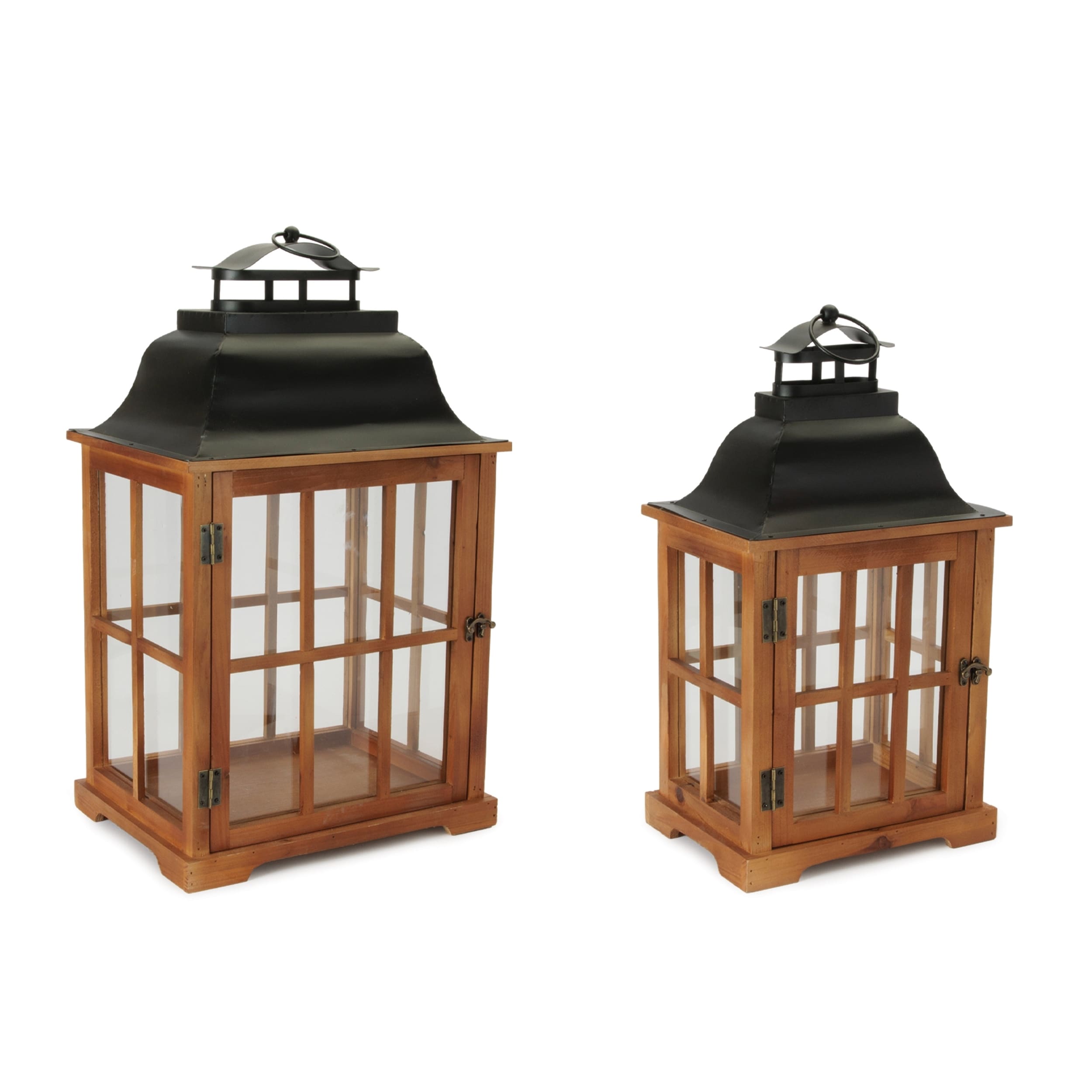 Rustic Wood And Iron Framed Glass Lantern Set Of 2