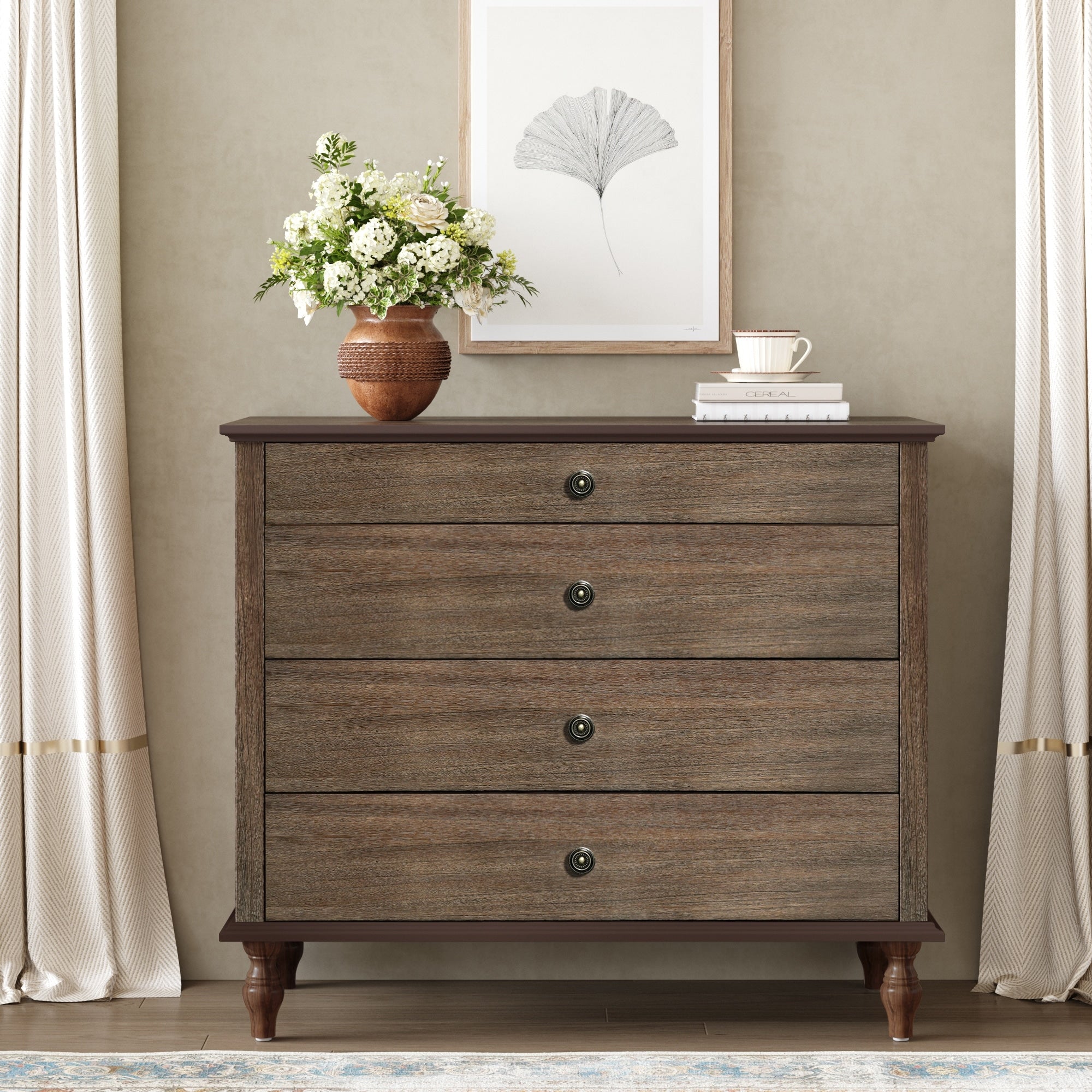 Rustic Wooden 4 Drawer Storage Chest With Metal Knobs And Solid Wood Feet By Gdfstudio