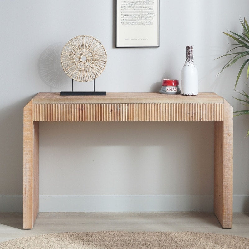 Rustic Wooden Console Table With Drawer Minimalist Design Ribbed Texture And Natural Finish