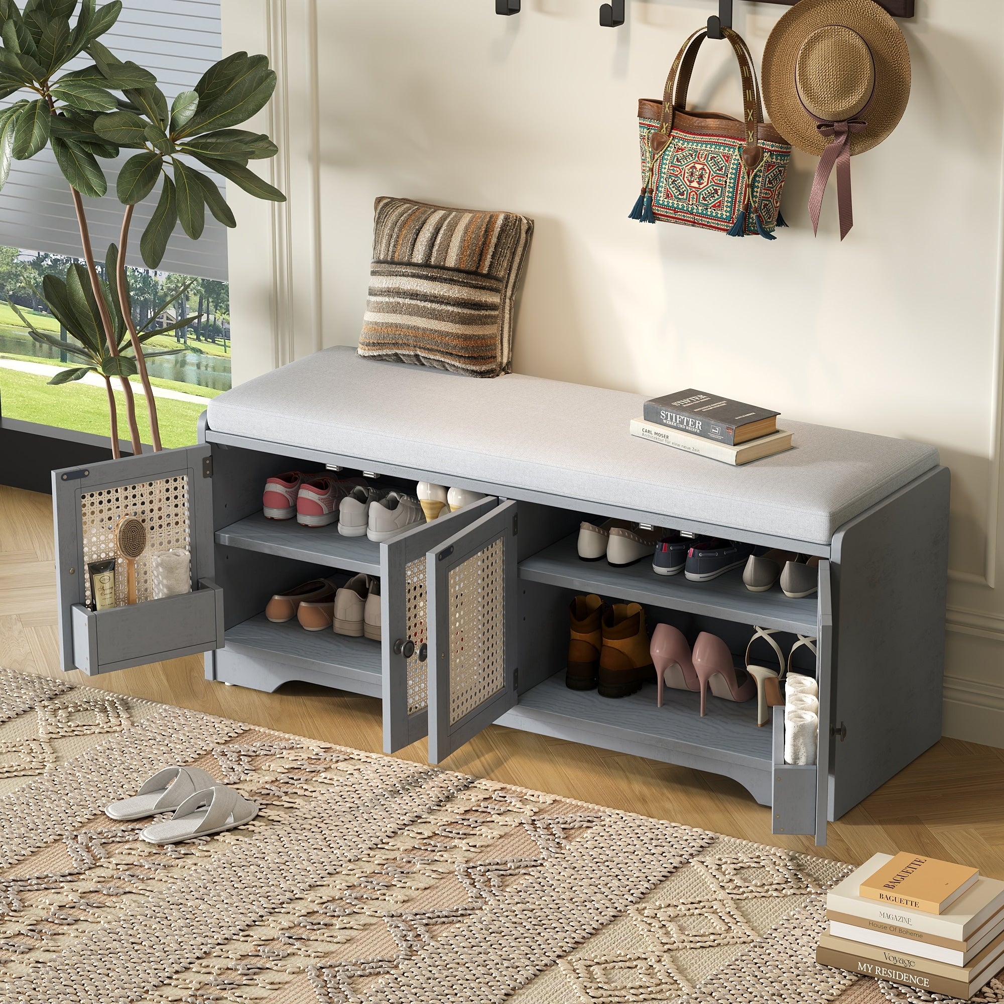 Rustic Woven Rattan Doors Storage Bench With Removable Cushion Adjustable Shelves