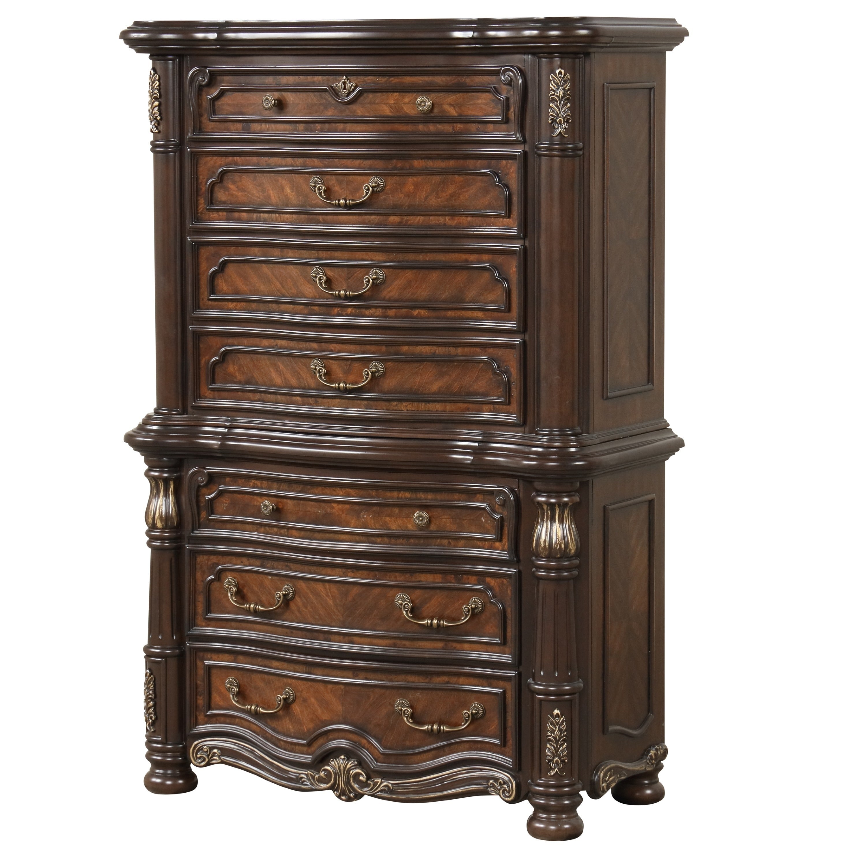 Ruth Tall Dresser Chest With Burl Inlays 7 Drawers Mahogany Brown Wood