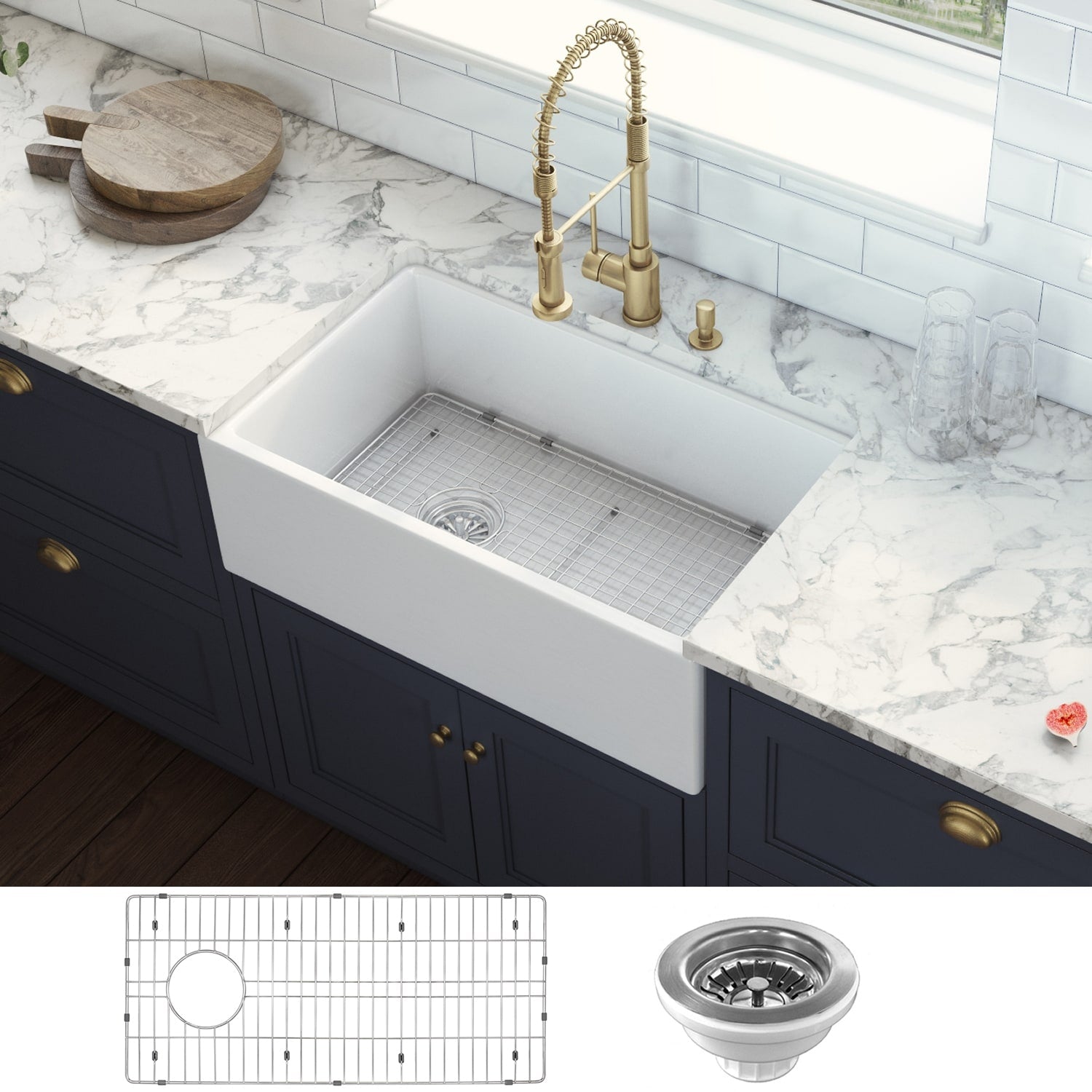 Ruvati 30 Inch Fireclay Farmhouse Offset Drain Kitchen Sink Single Bowl White Left Drain Rvl2018Wl