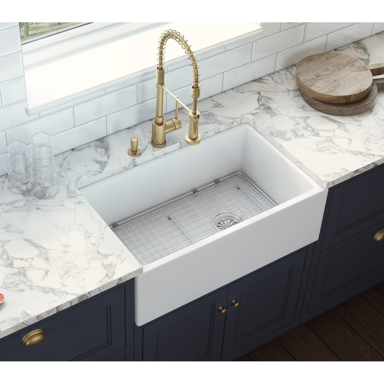 Ruvati 30 Inch Fireclay Farmhouse Offset Drain Kitchen Sink Single Bowl White Right Drain Rvl2018Wr