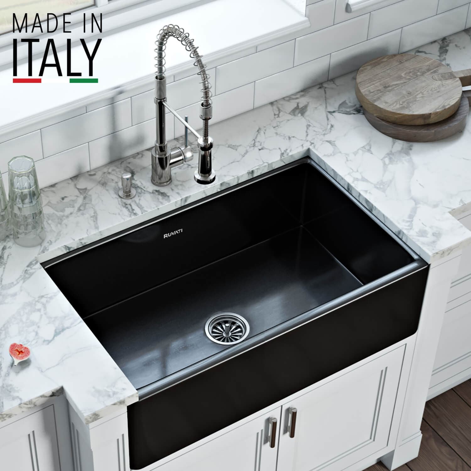 Ruvati 30 X 20 Inch Fireclay Reversible Farmhouse Apron Front Kitchen Sink Single Bowl Glossy Black Rvl2100Bk