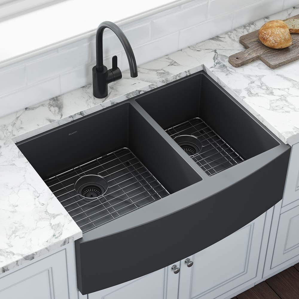 Ruvati 33 Inch Gunmetal Black Stainless Steel 60 40 Double Bowl Apron Front Farmhouse Kitchen Sink Rvh9742Bl