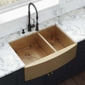 Ruvati 33 Inch Satin Brass Matte Gold Stainless Steel 60 40 Double Bowl Apron Front Farmhouse Kitchen Sink Rvh9742Gg
