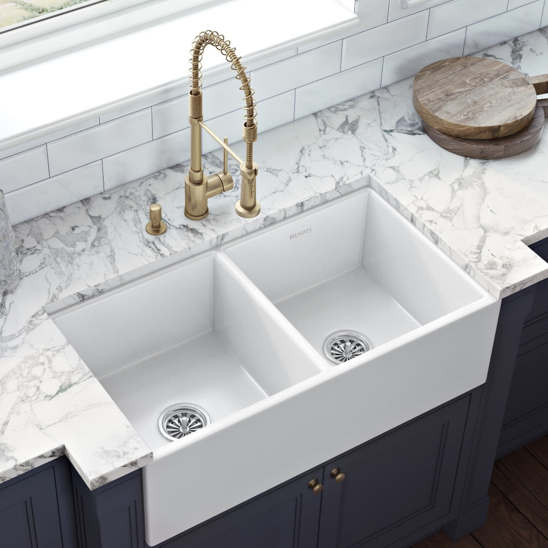 Ruvati 33 X 18 Inch Fireclay Farmhouse Apron Front Kitchen Sink Double Bowl White Rvl2311Wh