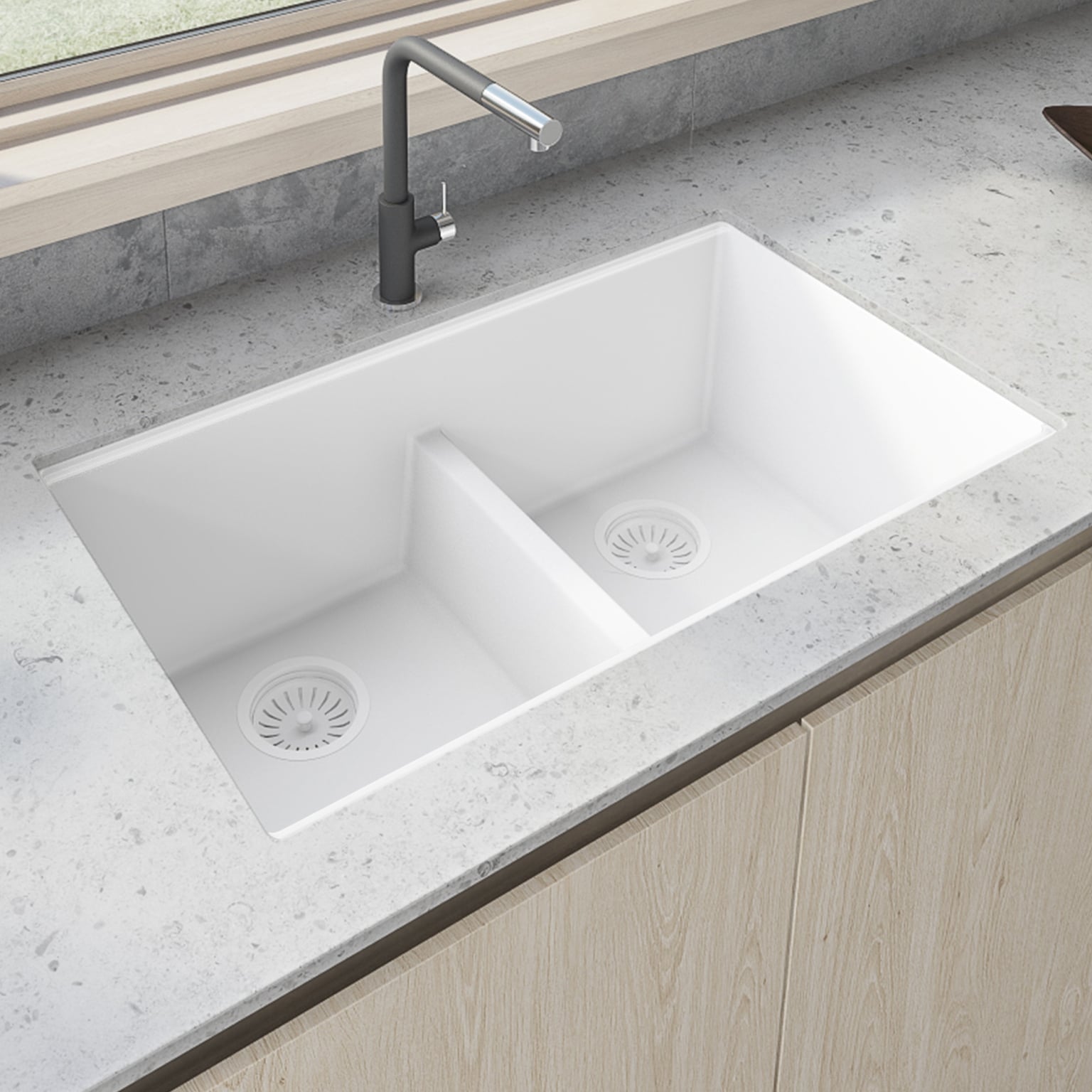 Ruvati 33 X 19 Inch Granite Composite Undermount Double Bowl Low Divide Kitchen Sink Arctic White Rvg2385Wh
