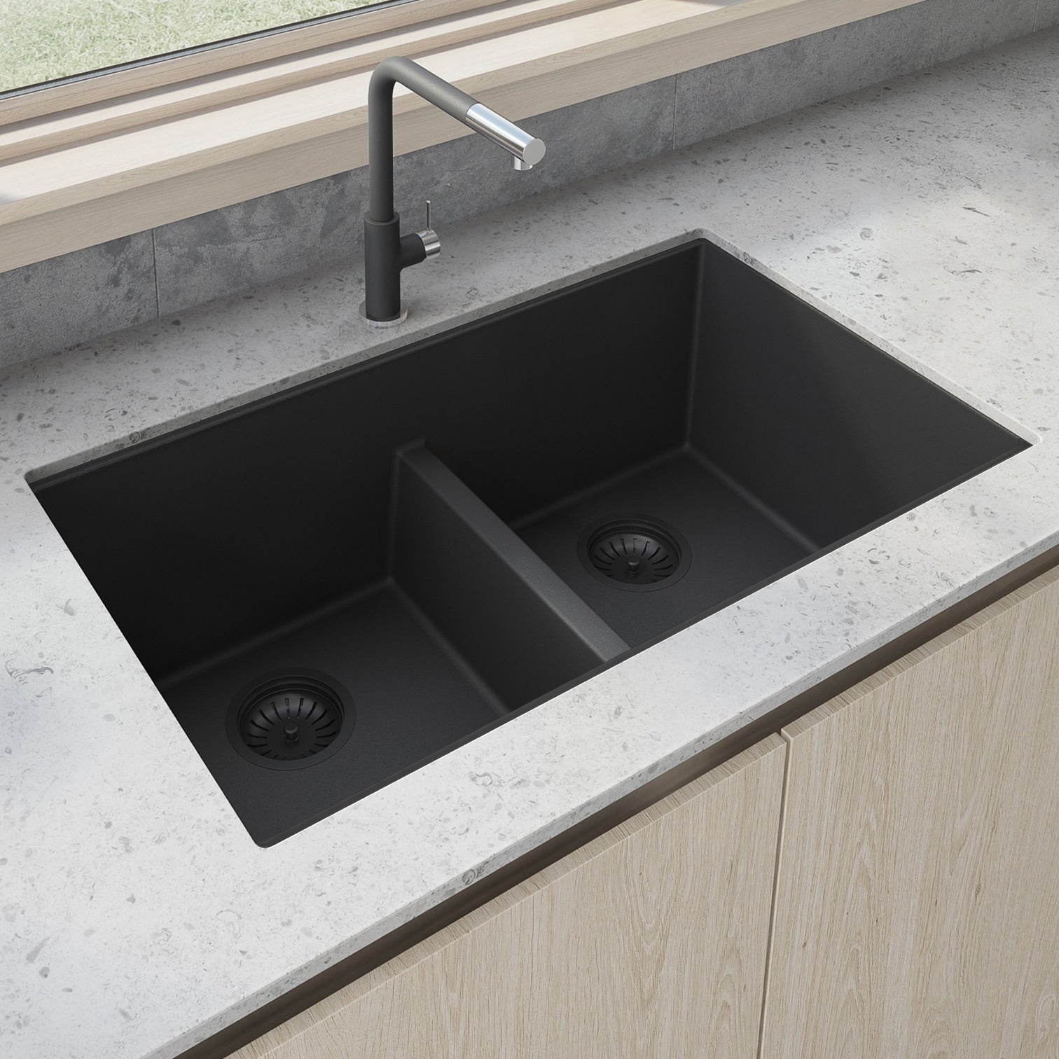 Ruvati 33 X 19 Inch Granite Composite Undermount Double Bowl Low Divide Kitchen Sink Midnight Black Rvg2385Bk