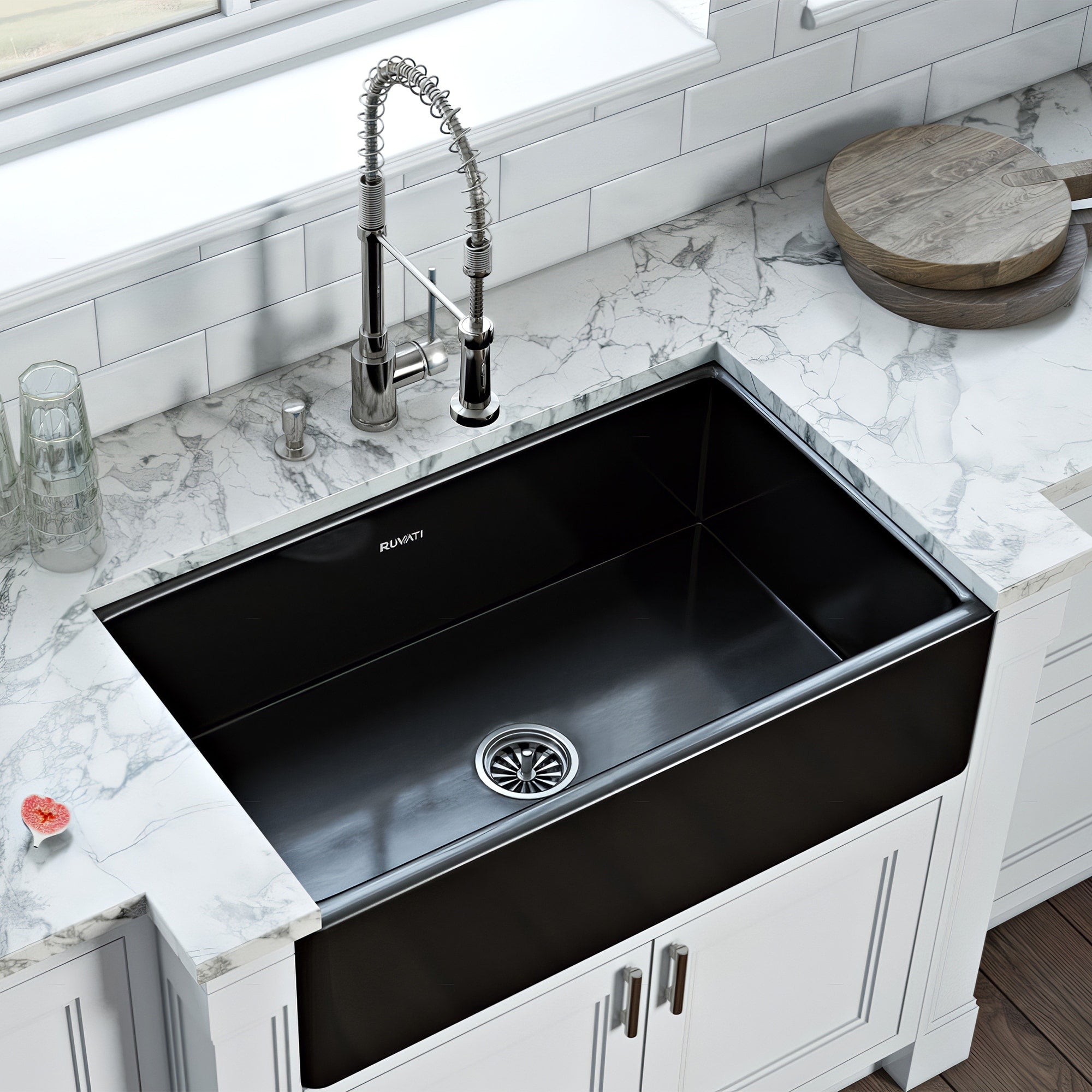 Ruvati 33 X 20 Inch Fireclay Reversible Farmhouse Apron Front Kitchen Sink Single Bowl Gloss Black Rvl2300Bk