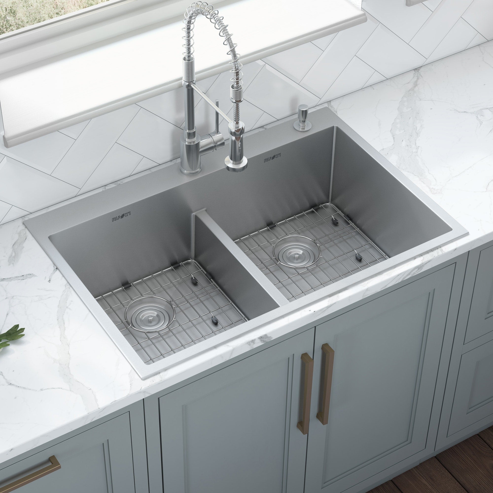 Ruvati 33 X 22 Inch Drop In 50 50 Double Bowl Tight Radius 16 Gauge Topmount Stainless Steel Kitchen Sink Rvh8051 8 X 11