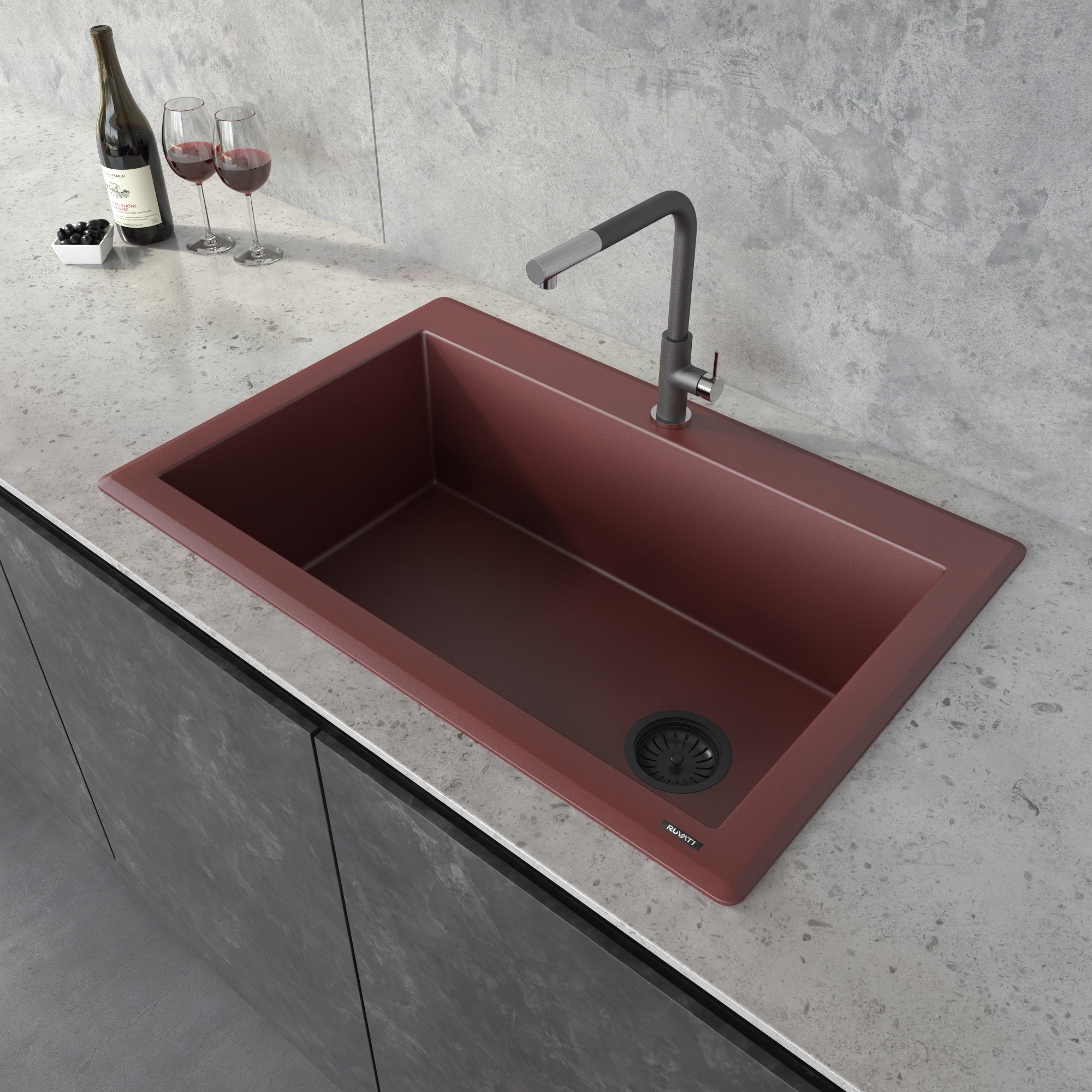 Ruvati 33 X 22 Inch Granite Composite Drop In Topmount Single Bowl Kitchen Sink Carnelian Red Rvg1033Rd
