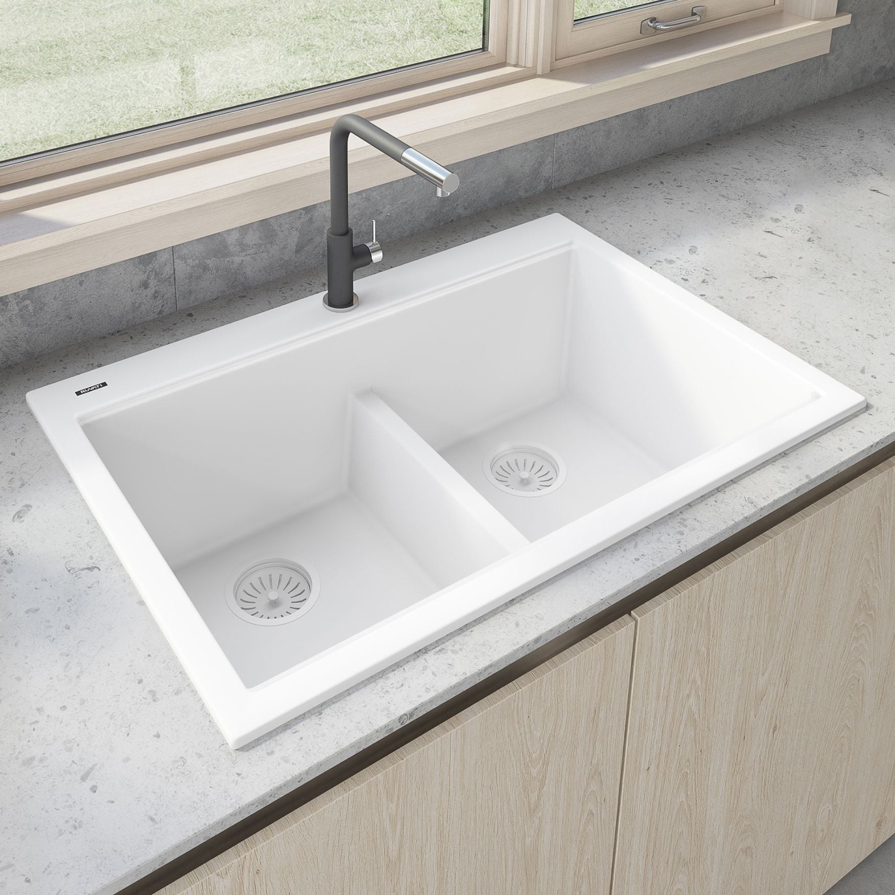 Ruvati 33 X 22 Inch Epigranite Drop In Topmount Granite Composite Double Bowl Low Divide Kitchen Sink Arctic White Rvg1385Wh