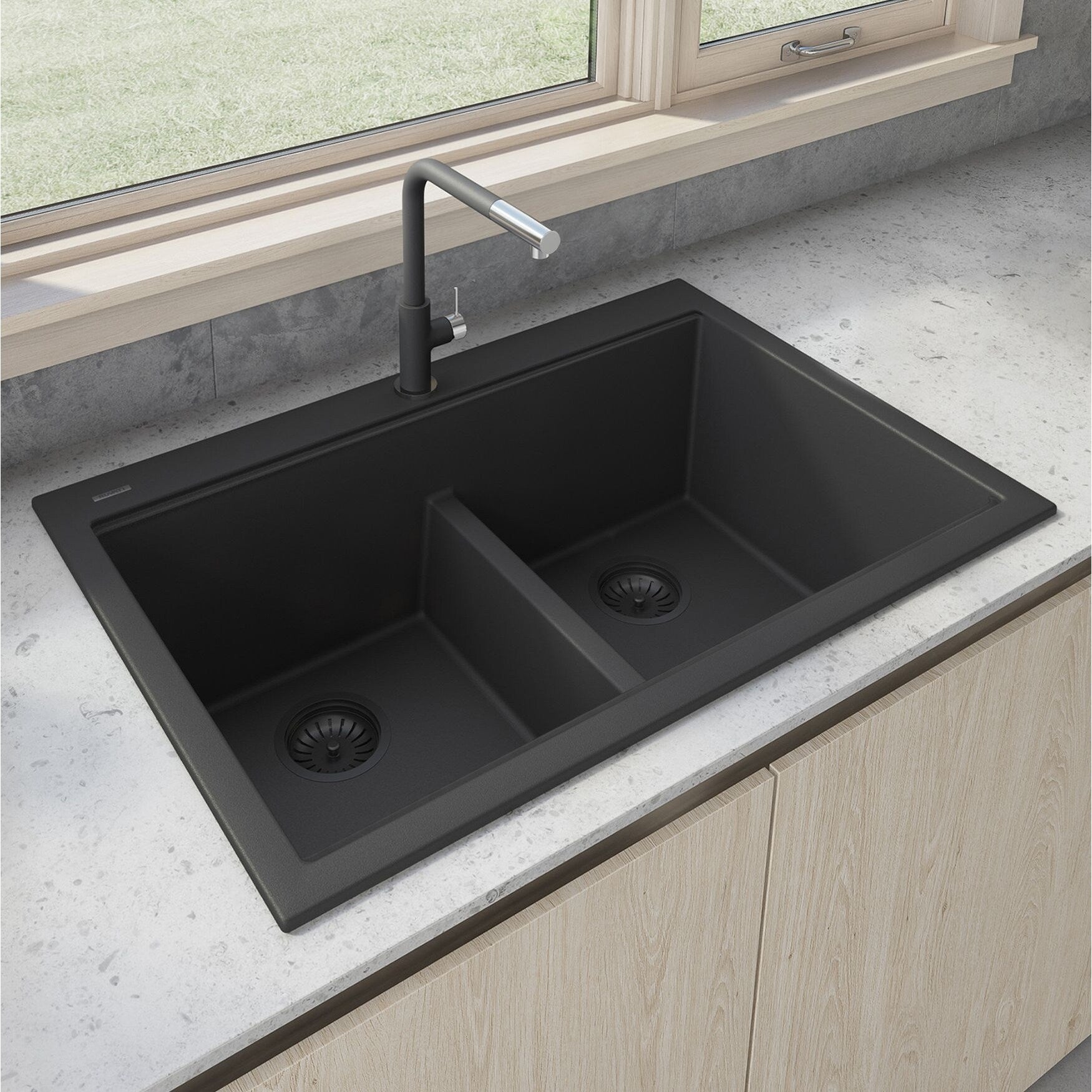 Ruvati 33 X 22 Inch Epigranite Topmount Granite Composite Double Bowl Low Divide Kitchen Sink Midnight Black 8 X 11