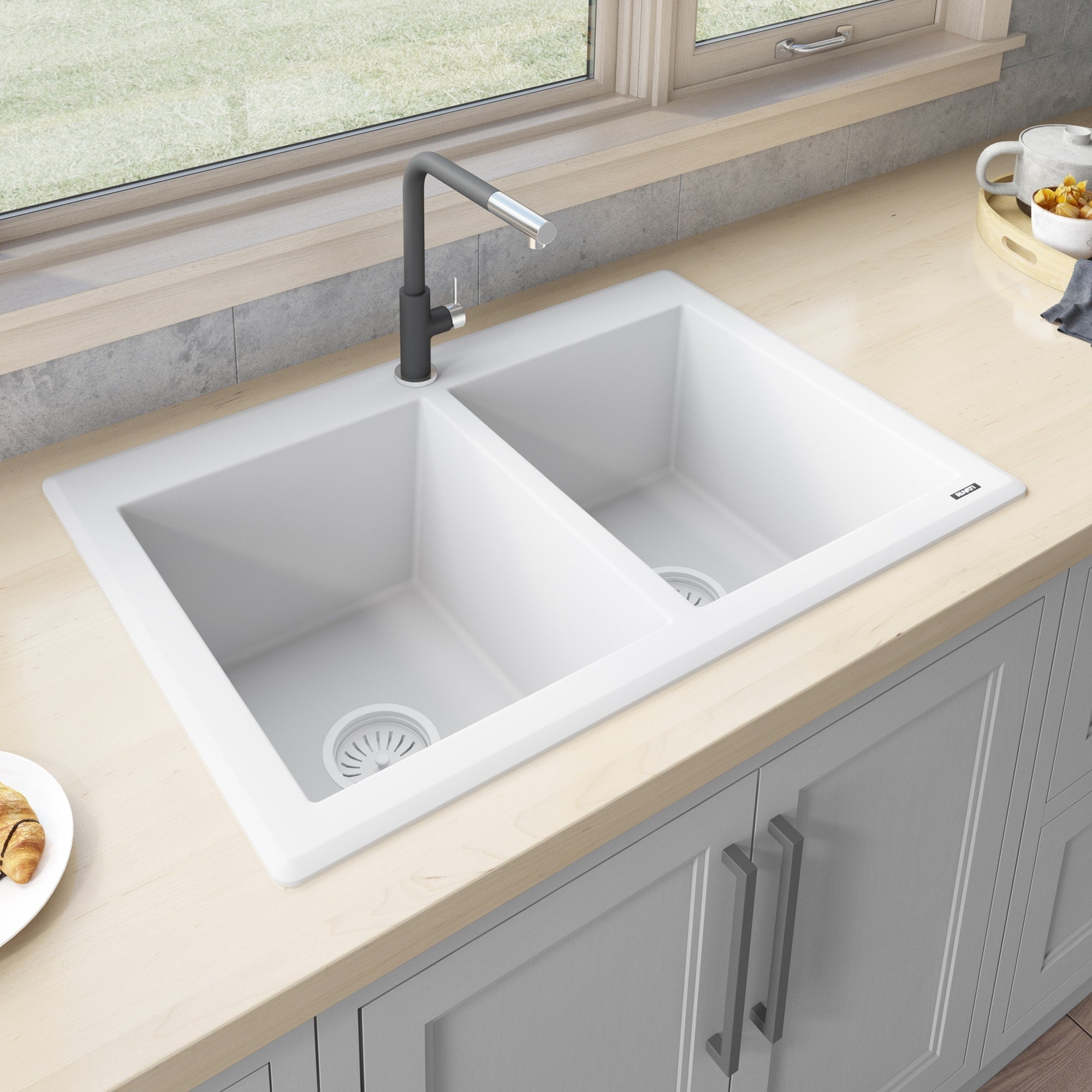 Ruvati 33 X 22 Inch Epigranite Dual Mount Granite Composite Double Bowl Kitchen Sink Arctic White Rvg1338Wh