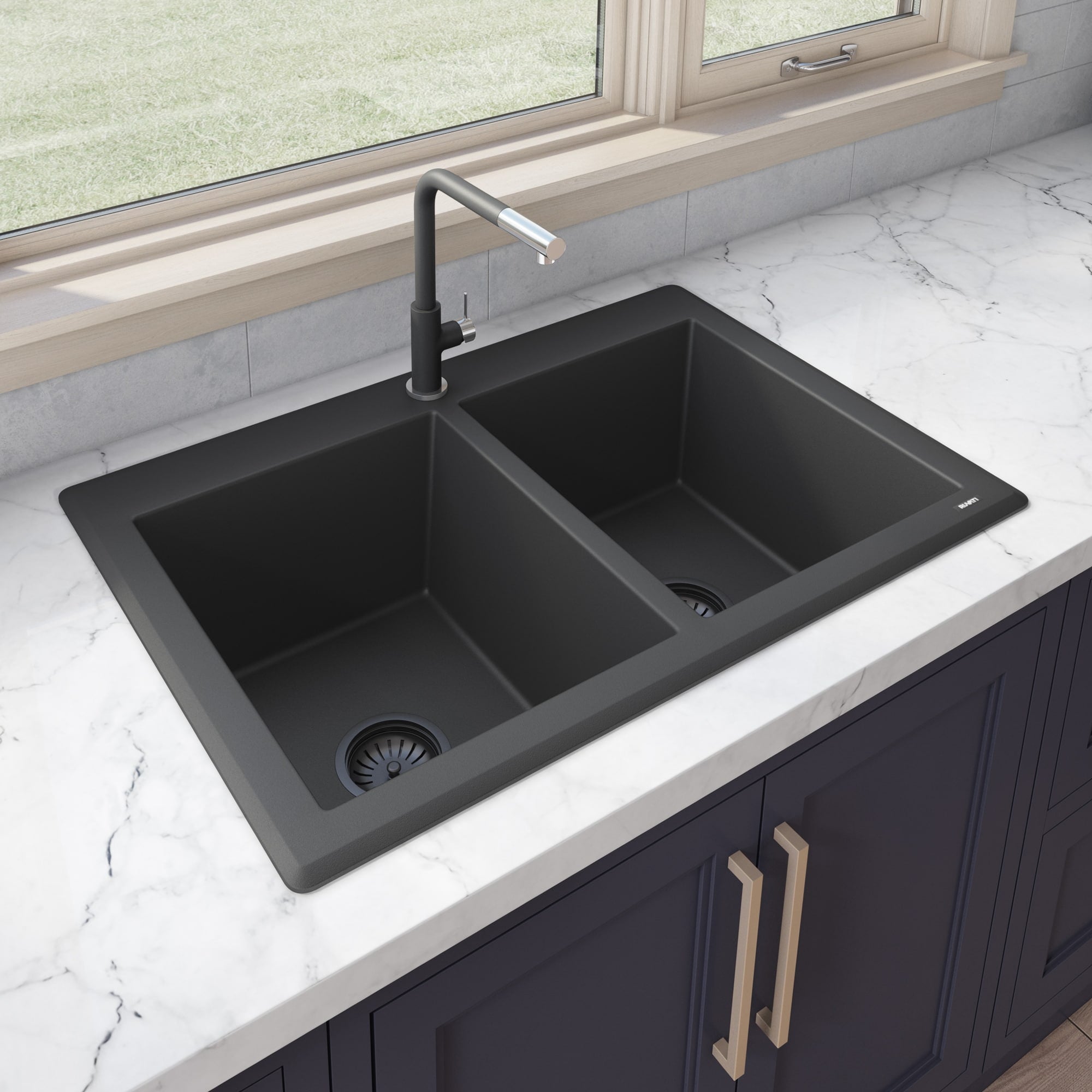 Ruvati 33 X 22 Inch Epigranite Dual Mount Granite Composite Double Bowl Kitchen Sink Midnight Black Rvg1338Bk