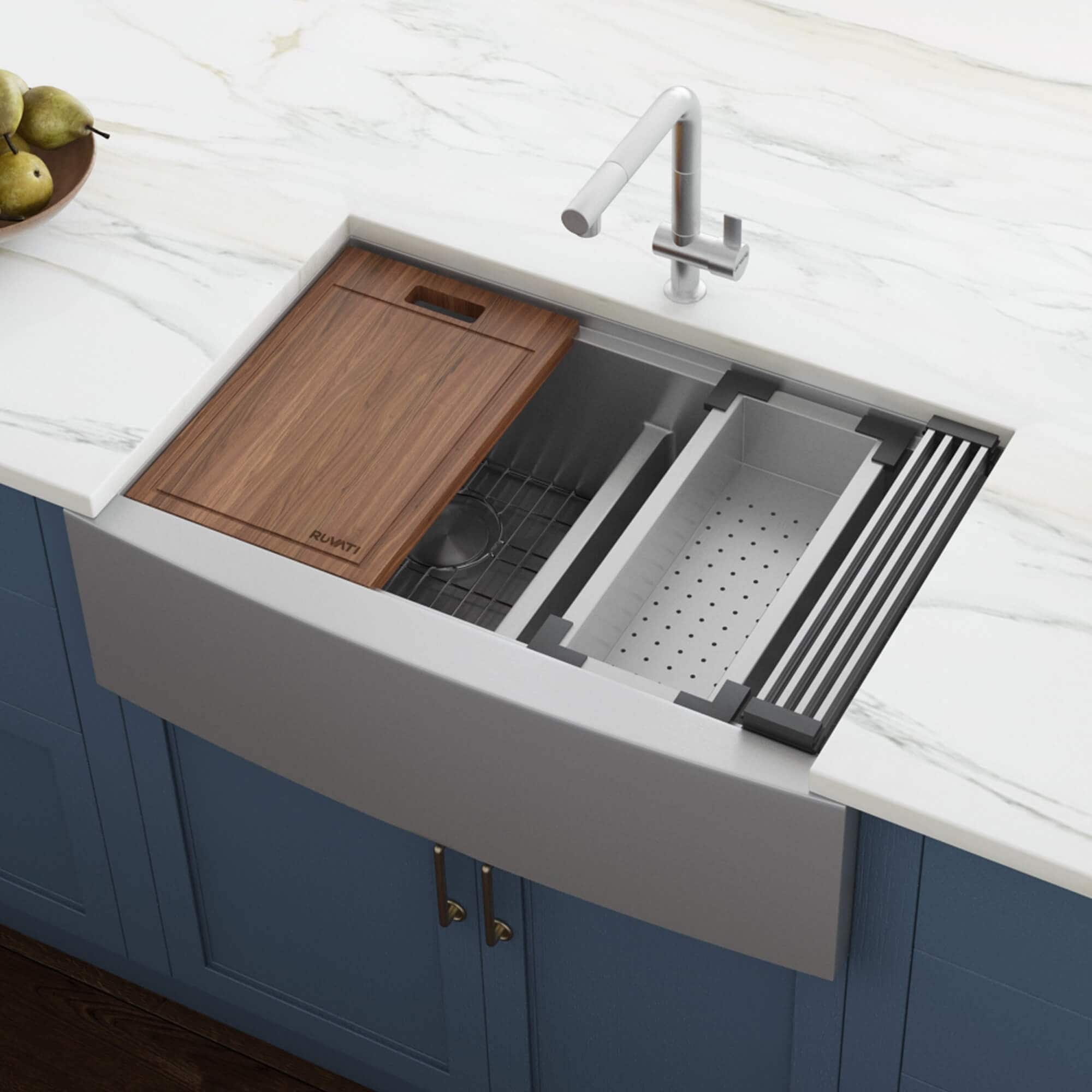 Ruvati 33 Apron Front Workstation Low Divide Double Bowl 50 50 Farmhouse Kitchen Sink 16 Gauge Stainless Steel Rvh9201