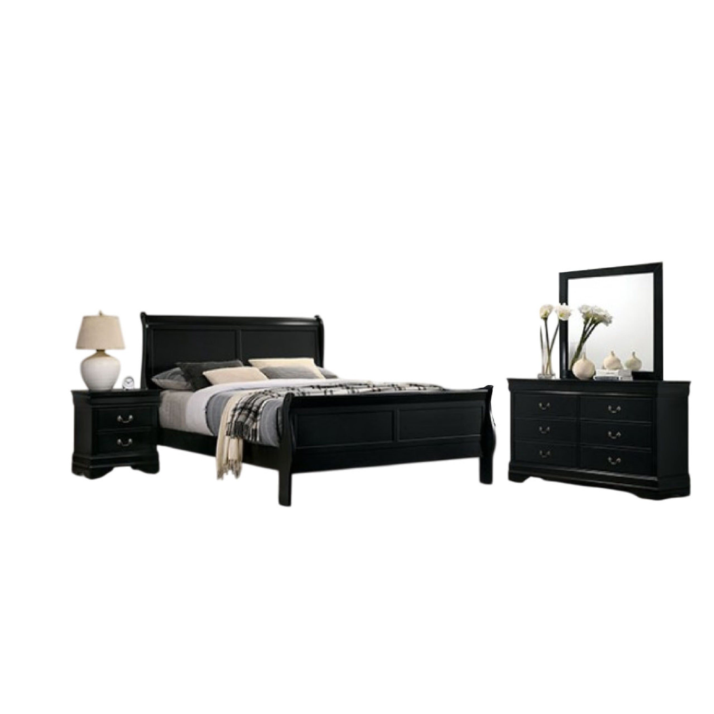 Ryla 4Pc Queen Bedroom Set With Nightstand Dresser Mirror In Classic Black