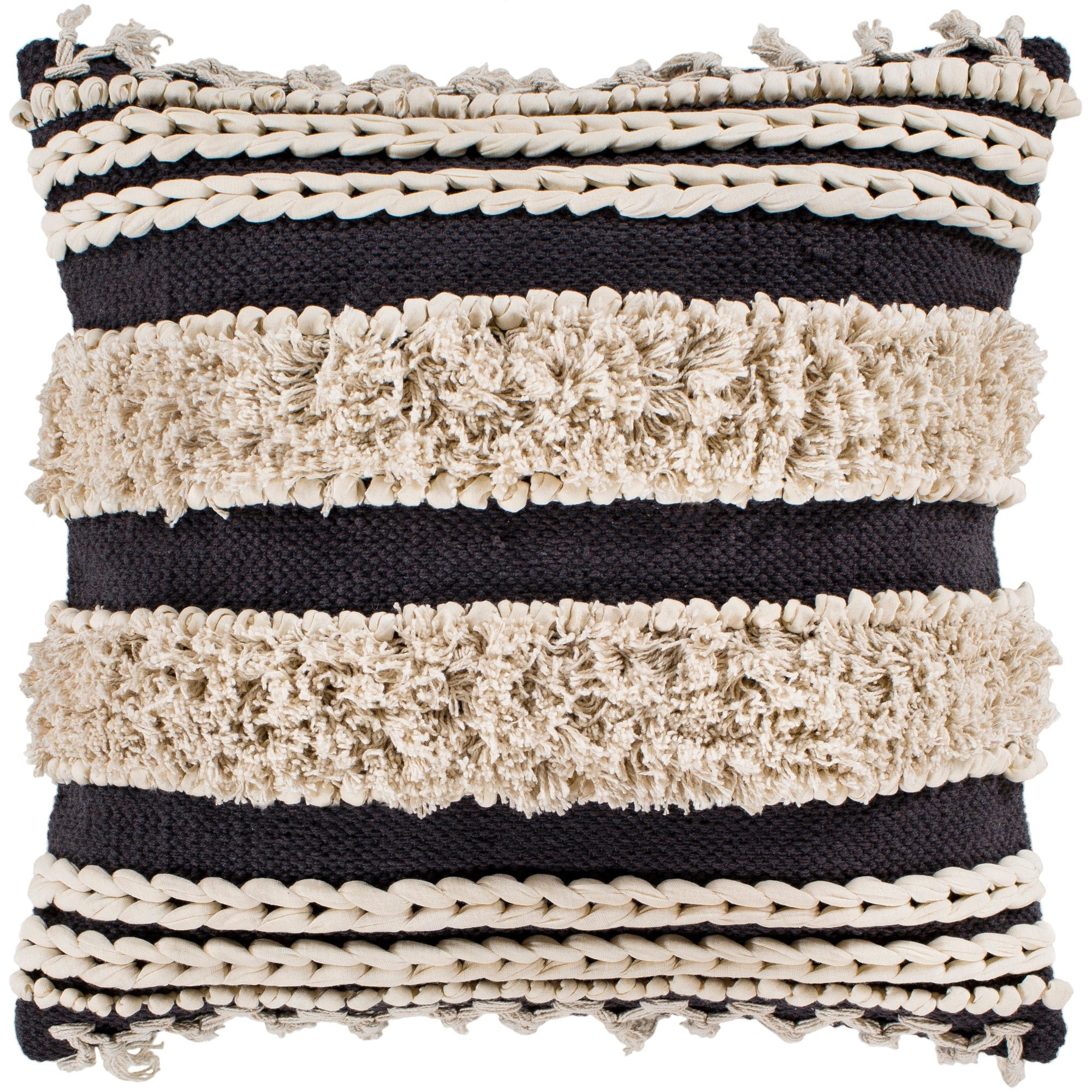 Rylie Charcoal Bohemian Braided Shag Feather Down Throw Pillow 22 X 22