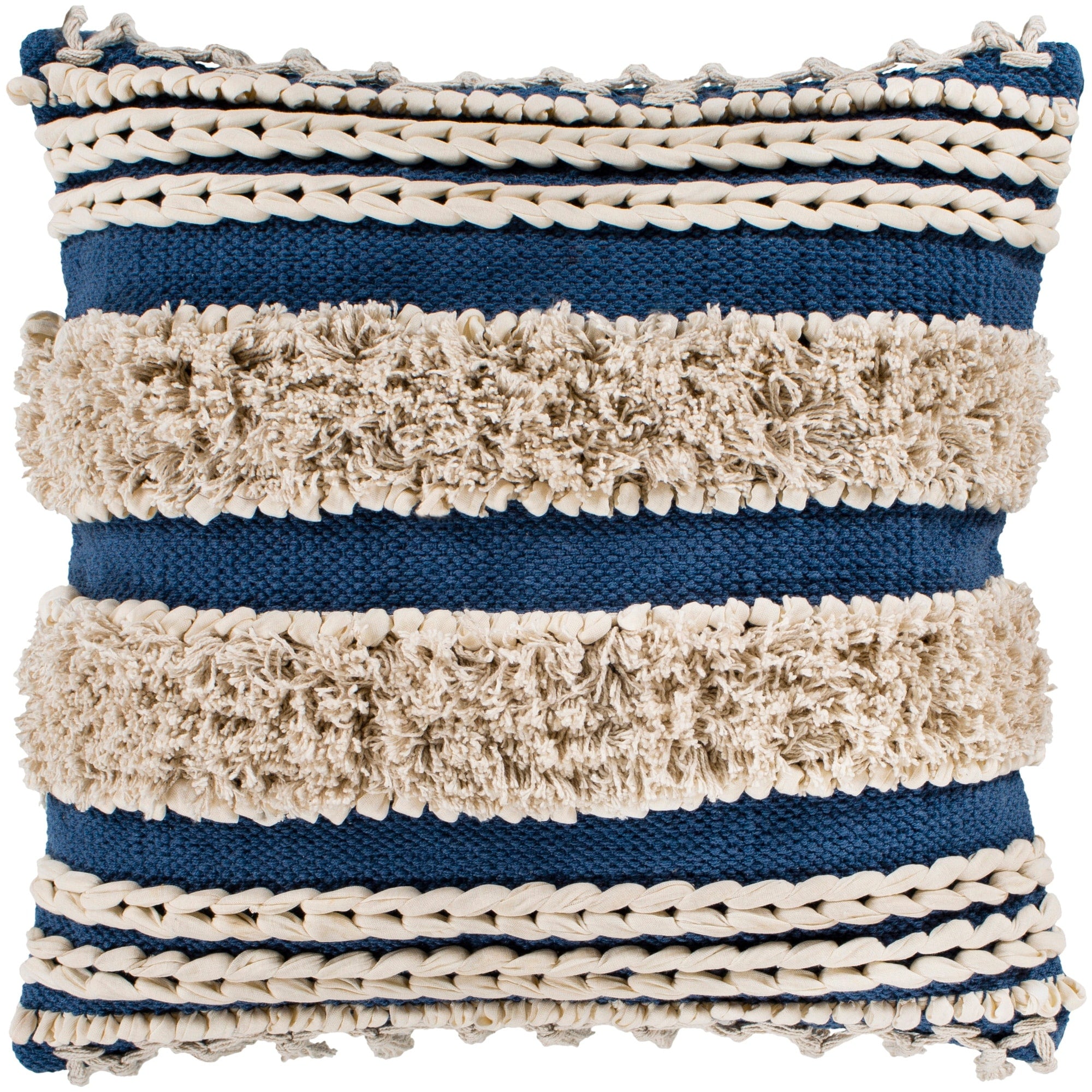 Rylie Navy Bohemian Braided Shag Poly Fill Throw Pillow 18 X 18