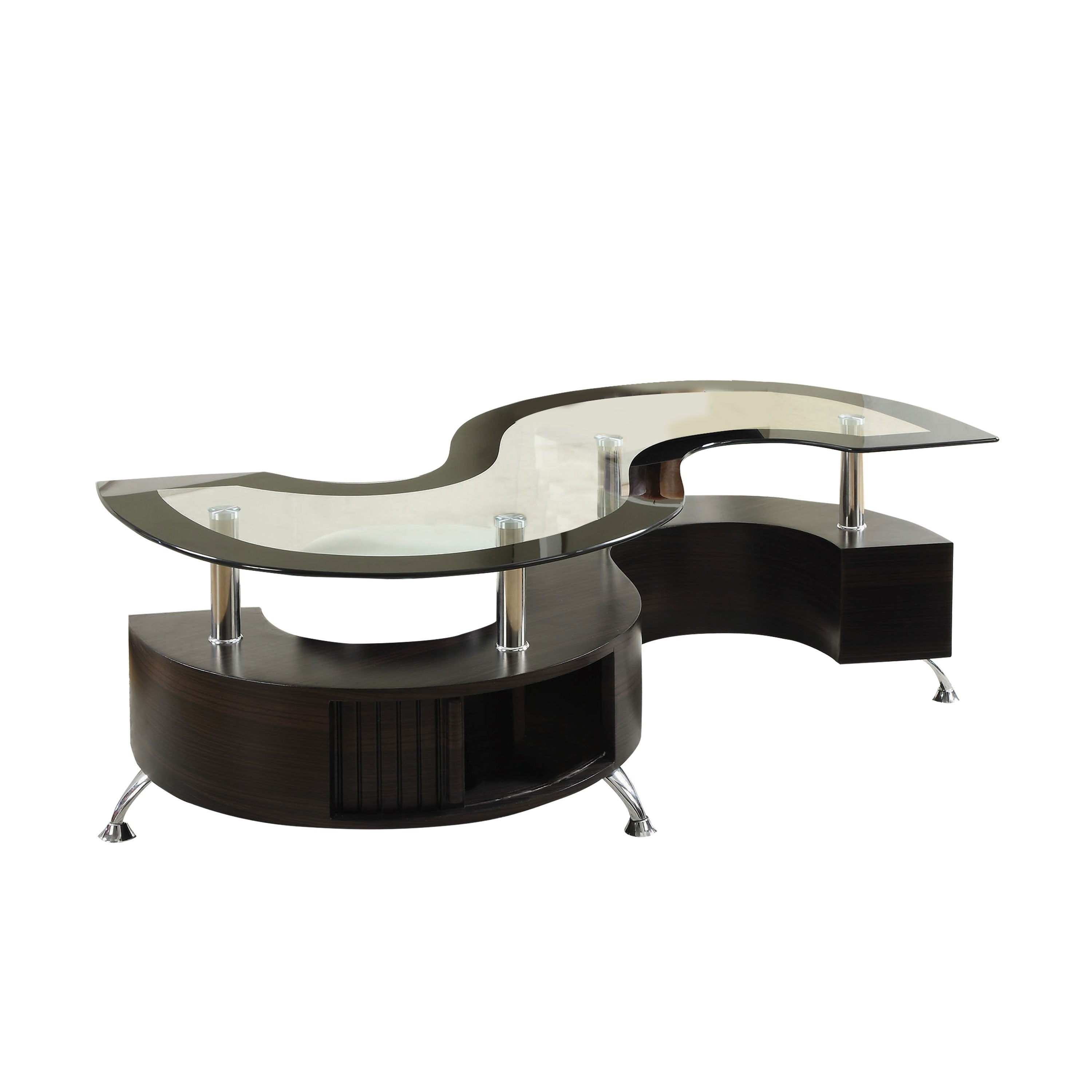 S Shape Contemporary Wood Base Coffee Table With Glass Top Silver And Brown