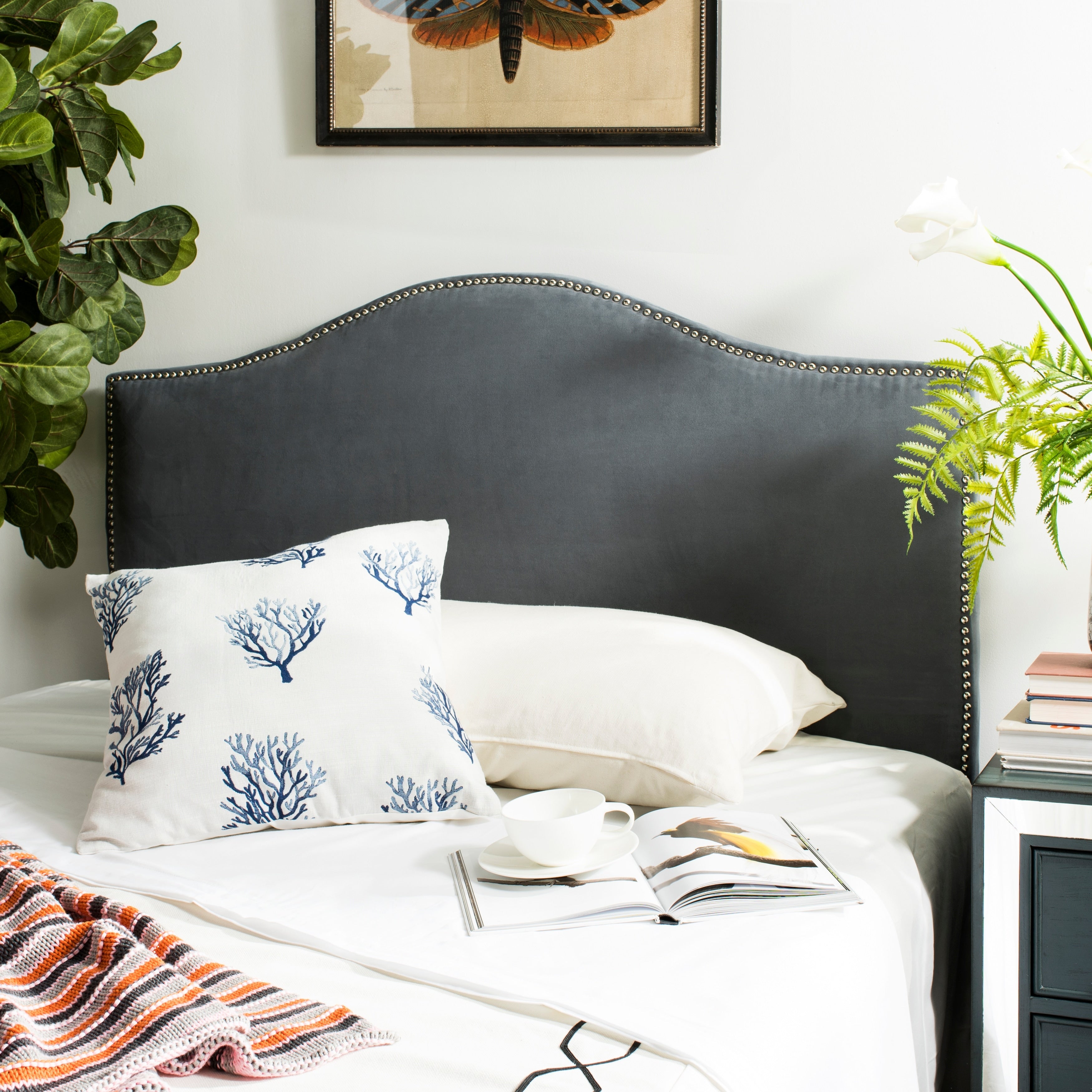 Safavieh Connie Grey Velvet Camelback Headboard Silver Nailhead