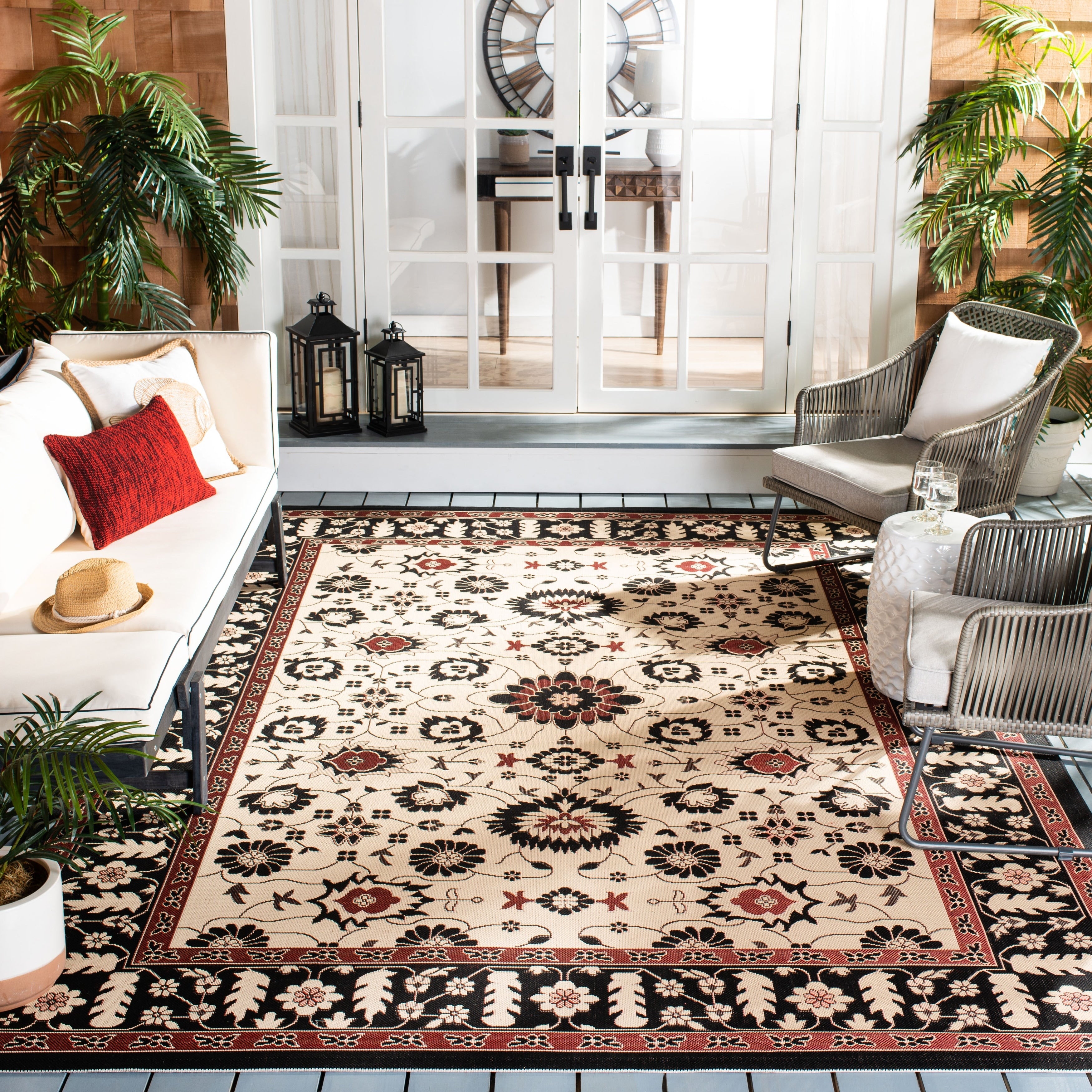 Safavieh Courtyard Oriental Cream Black Indoor Outdoor Rug 27 X 5