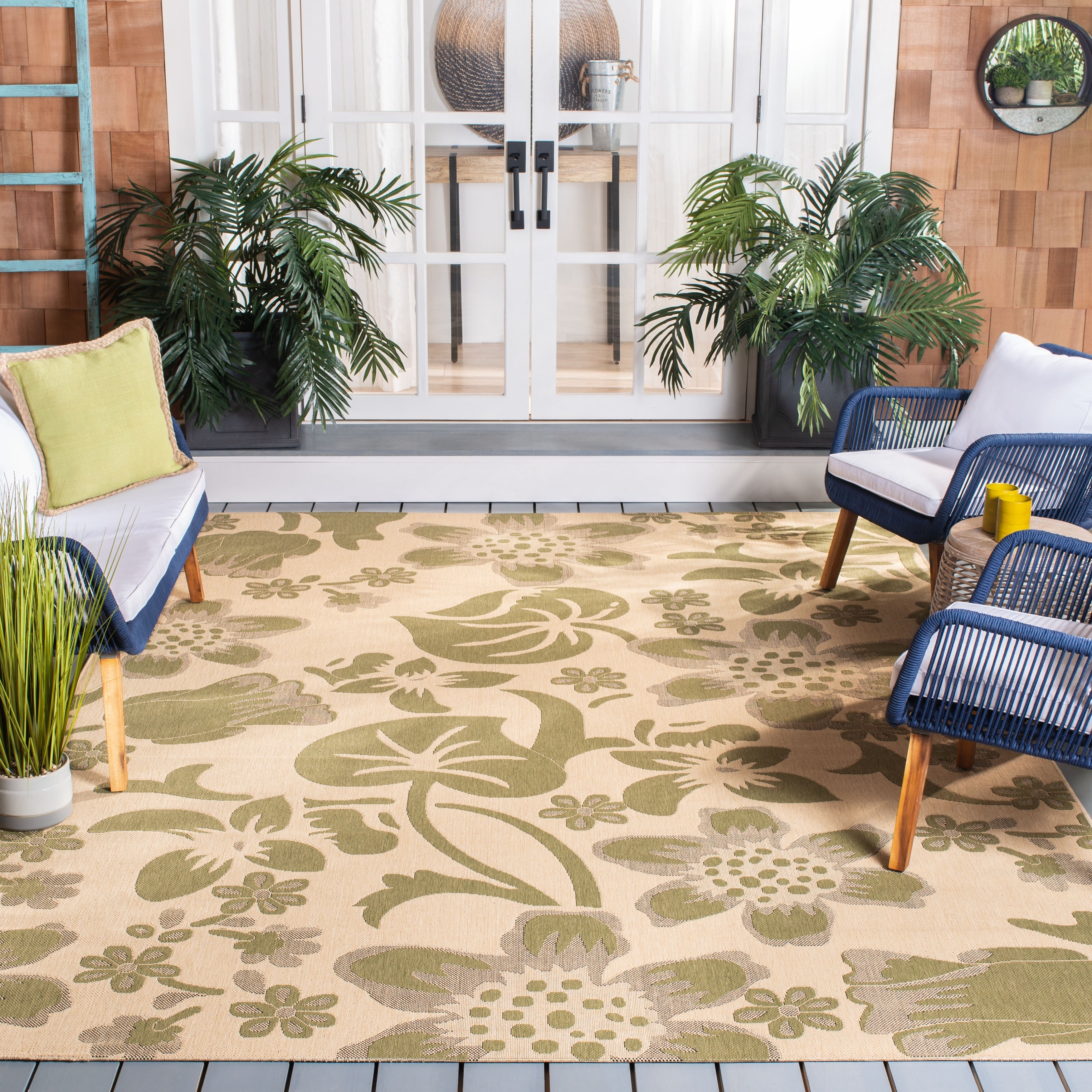 Safavieh Poolside Cream Green Indoor Outdoor Bordered Rug 67 X 96