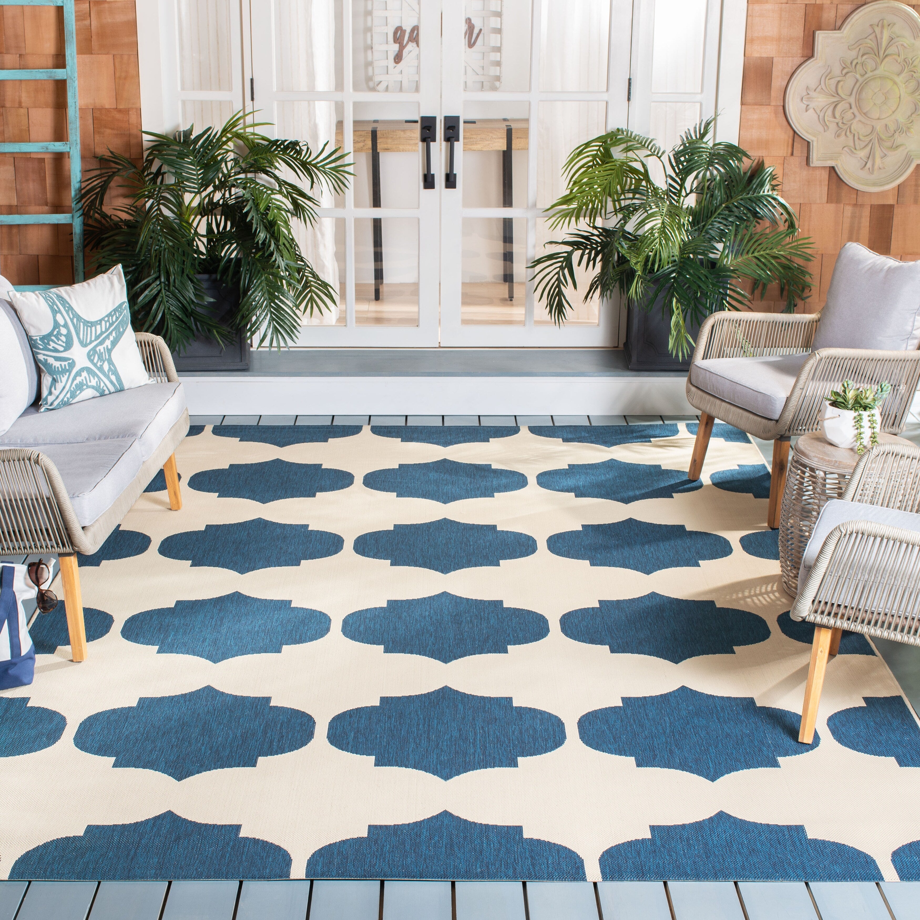Safavieh Courtyard Poolside Beige Navy Indoor Outdoor Rug 23 X 8 Runner