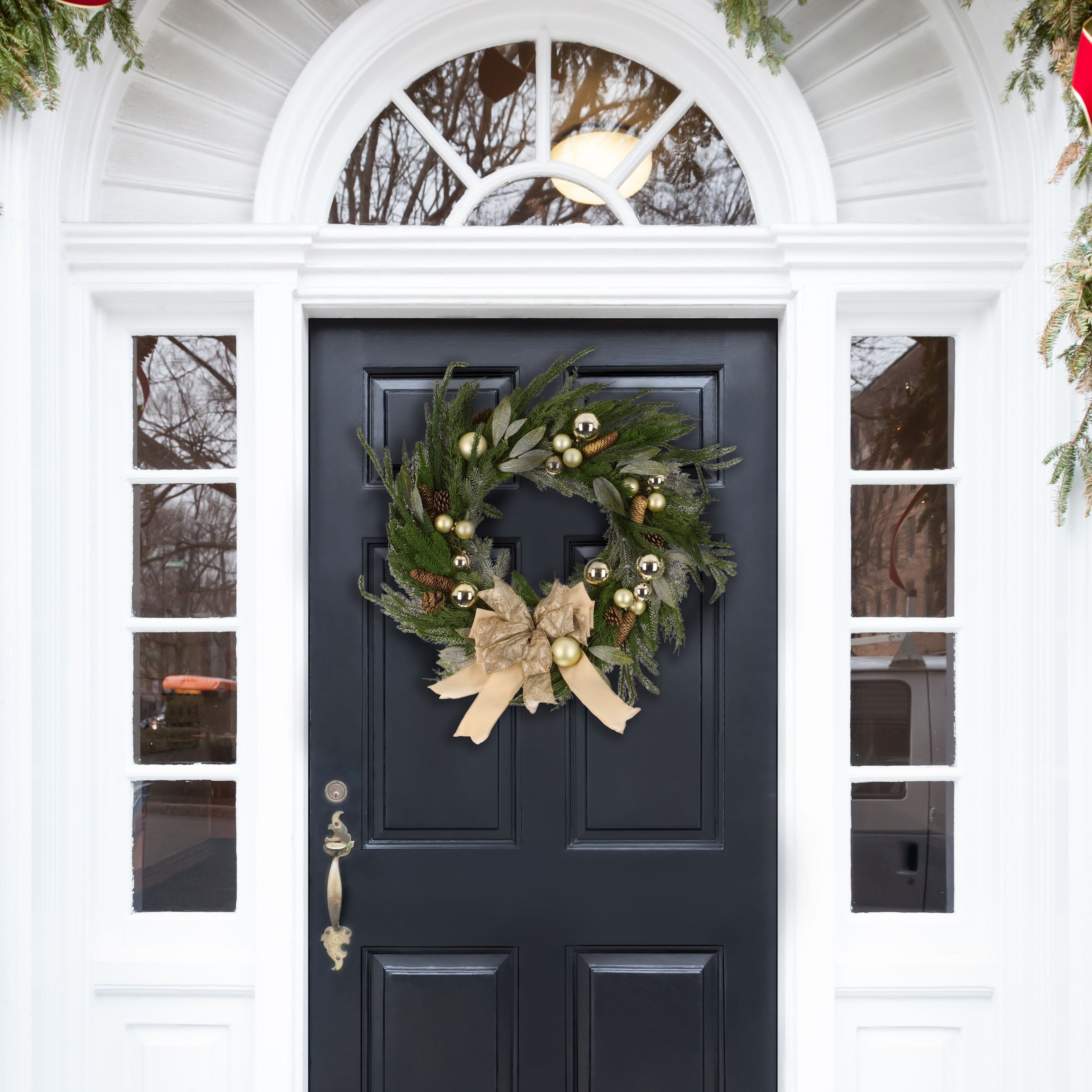 Safavieh Home Faux 28 Inch Pine Needle Wreath With Ornaments And Ribbon Pine Cone