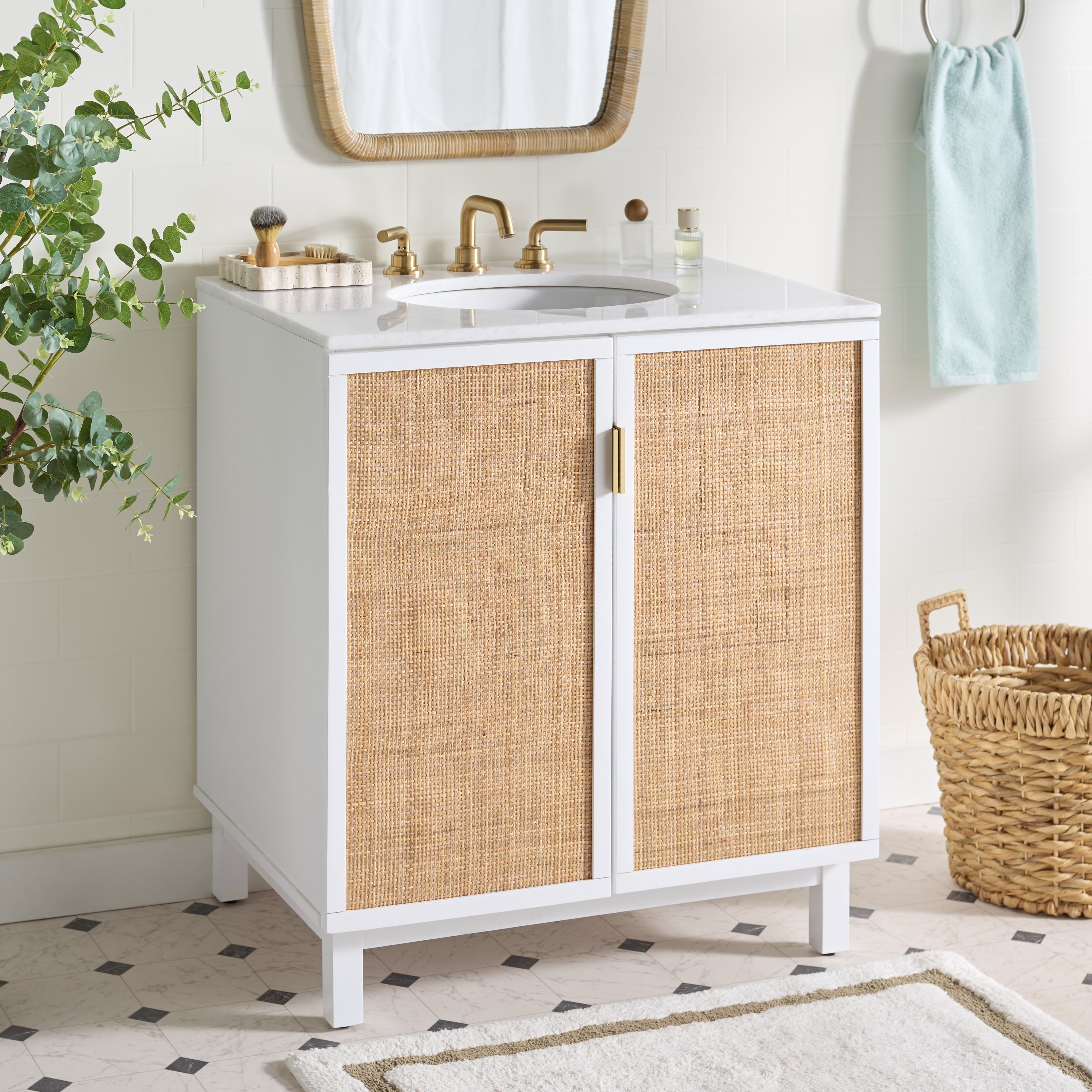 Sei Furniture Bobby Rattan Doors 30 Inch Vanity With Marble Top 30 W X 22 D X 33 H