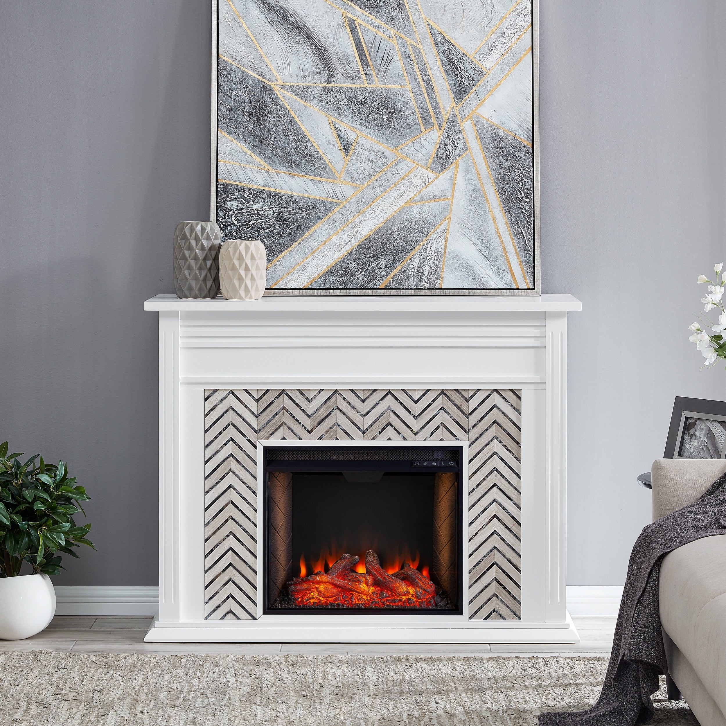 Sei Furniture Hebbington Tiled Marble Electric Fireplace 50 W X 15 D X 39 H