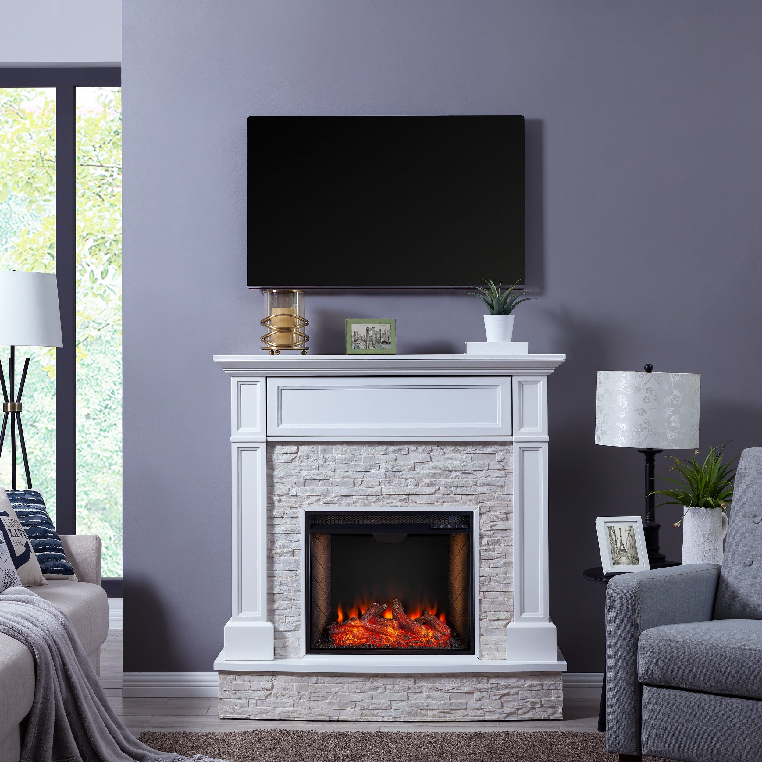 Sei Furniture Jacksdale Criss Cross Electric Media Fireplace With Faux Stone 15 W X 48 D X 50 H