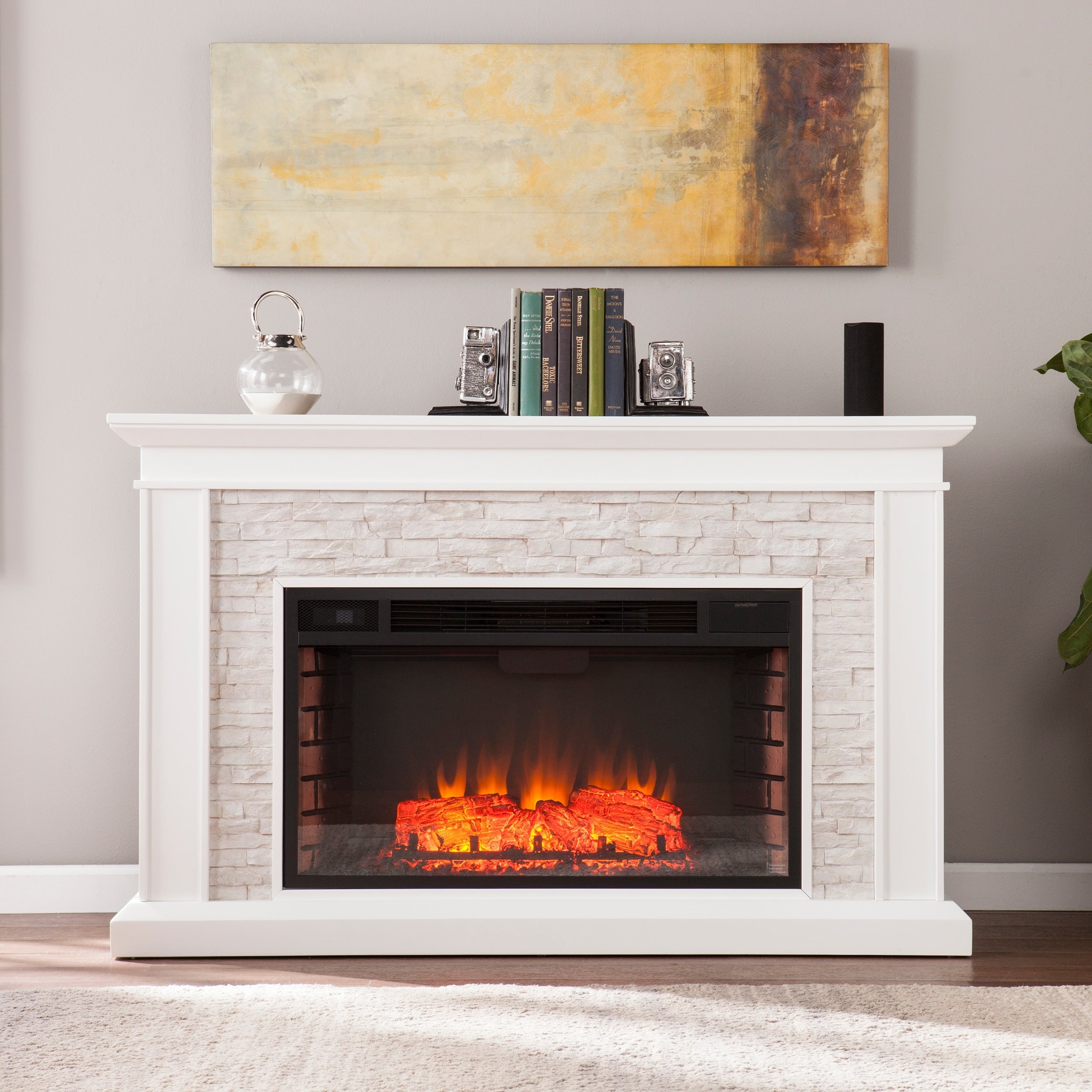 Sei Furniture Ledgestone Electric Fireplace With Stacked Faux Stone 55 W X 16 D X 35 H