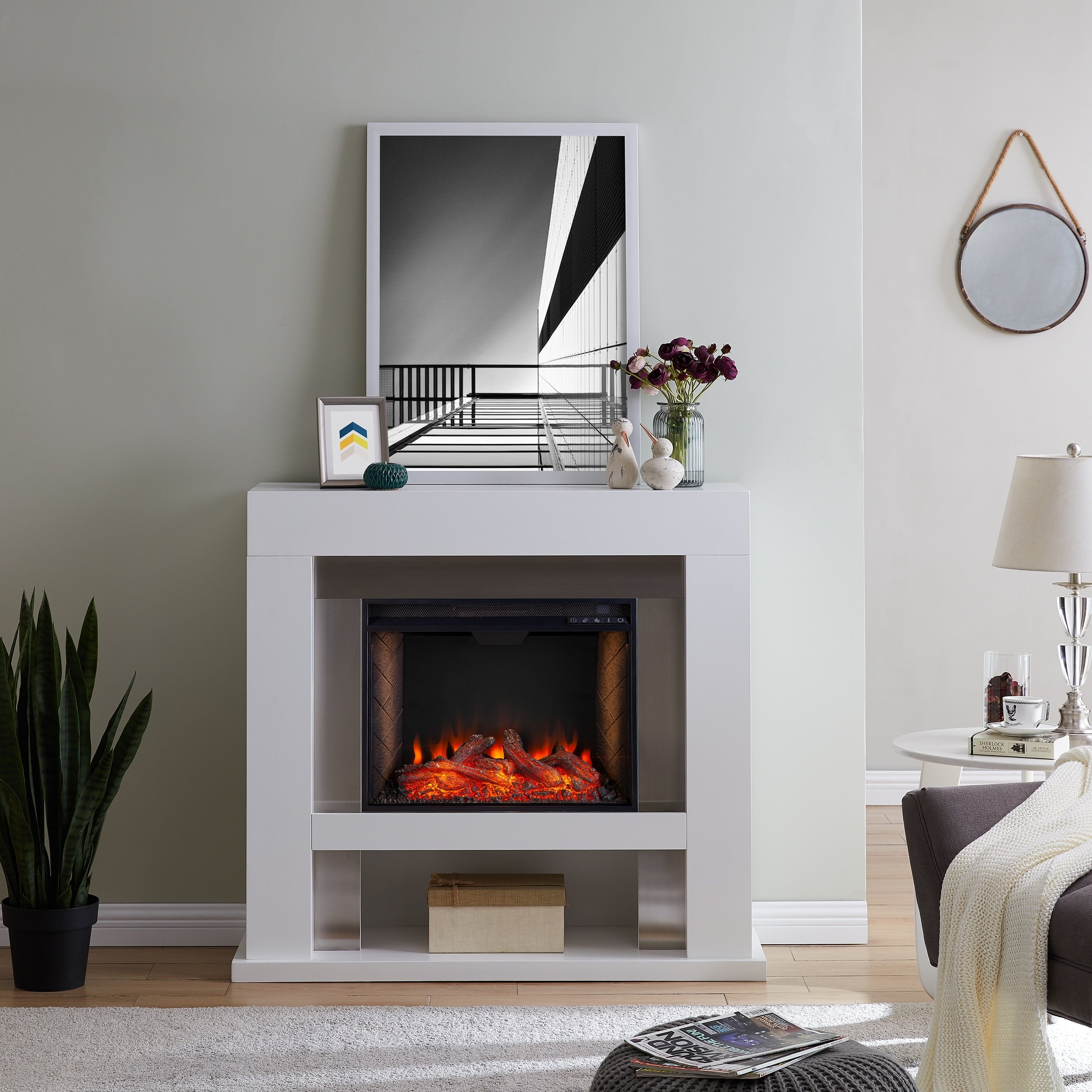 Sei Furniture Lirrington Criss Cross Electric Stainless Steel Fireplace 14 W X 40 D X 44 H