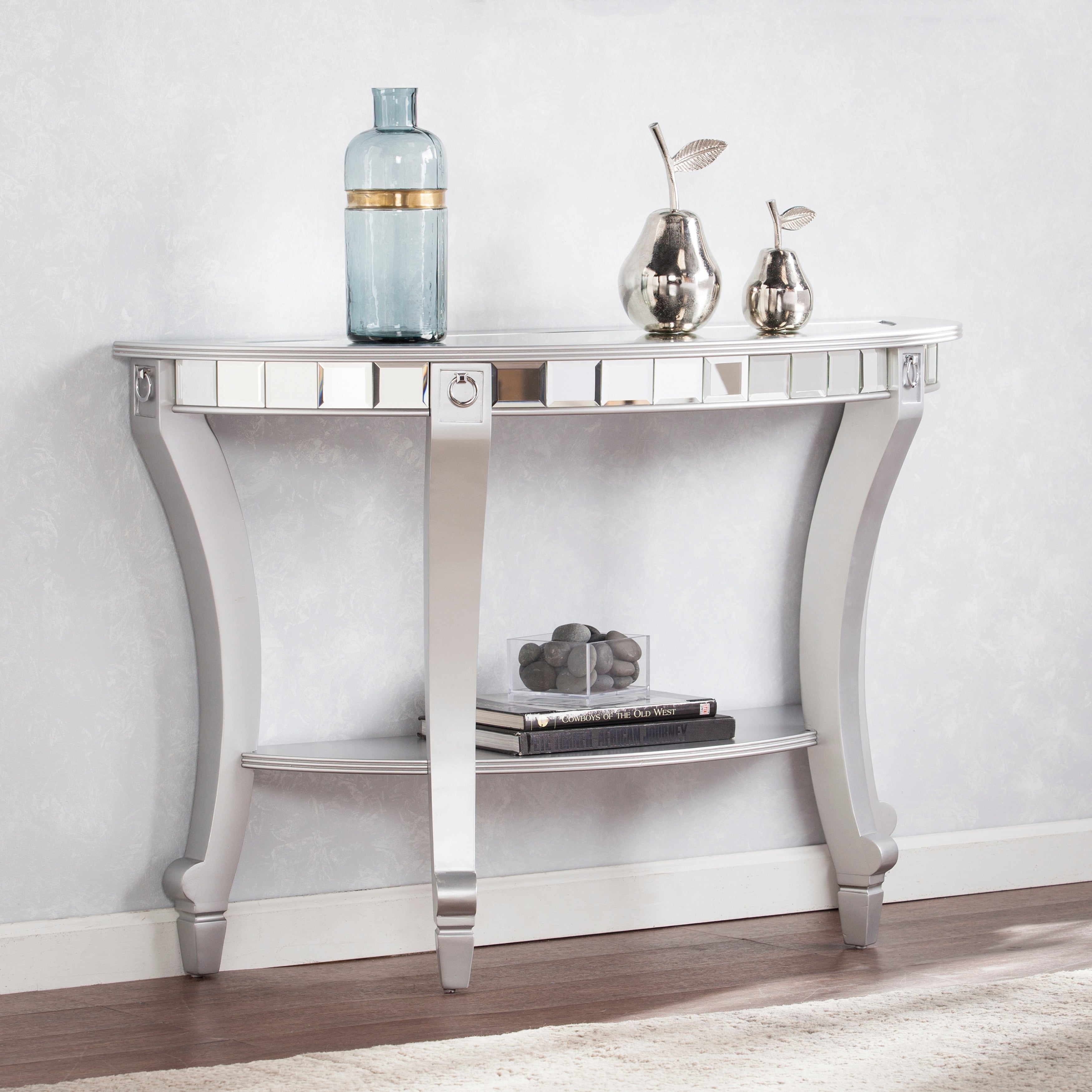 Silver Orchid Olivia Glam Mirrored Demilune Console Table Matte Silver
