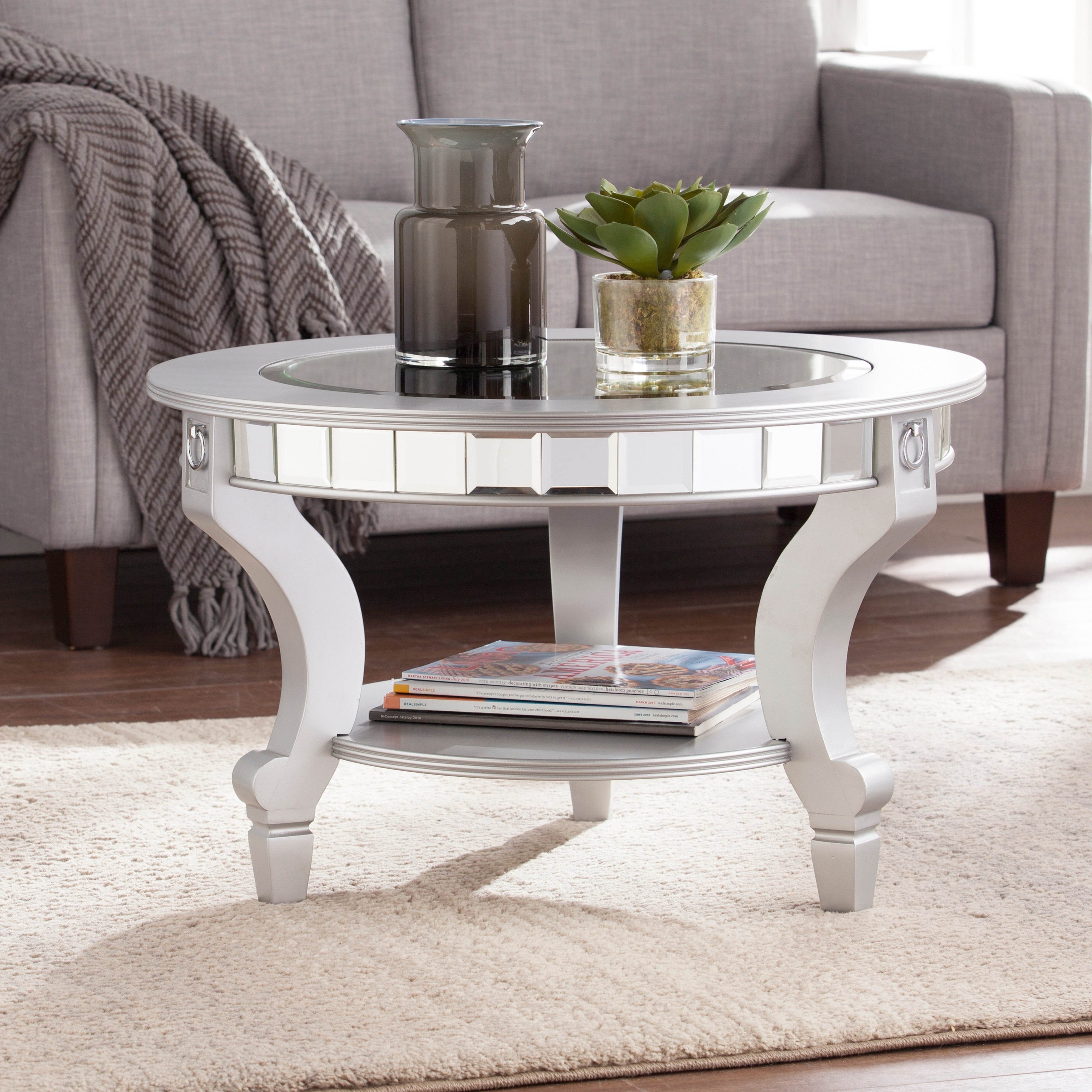 Silver Orchid Olivia Glam Mirrored Round Cocktail Table Matte Silver