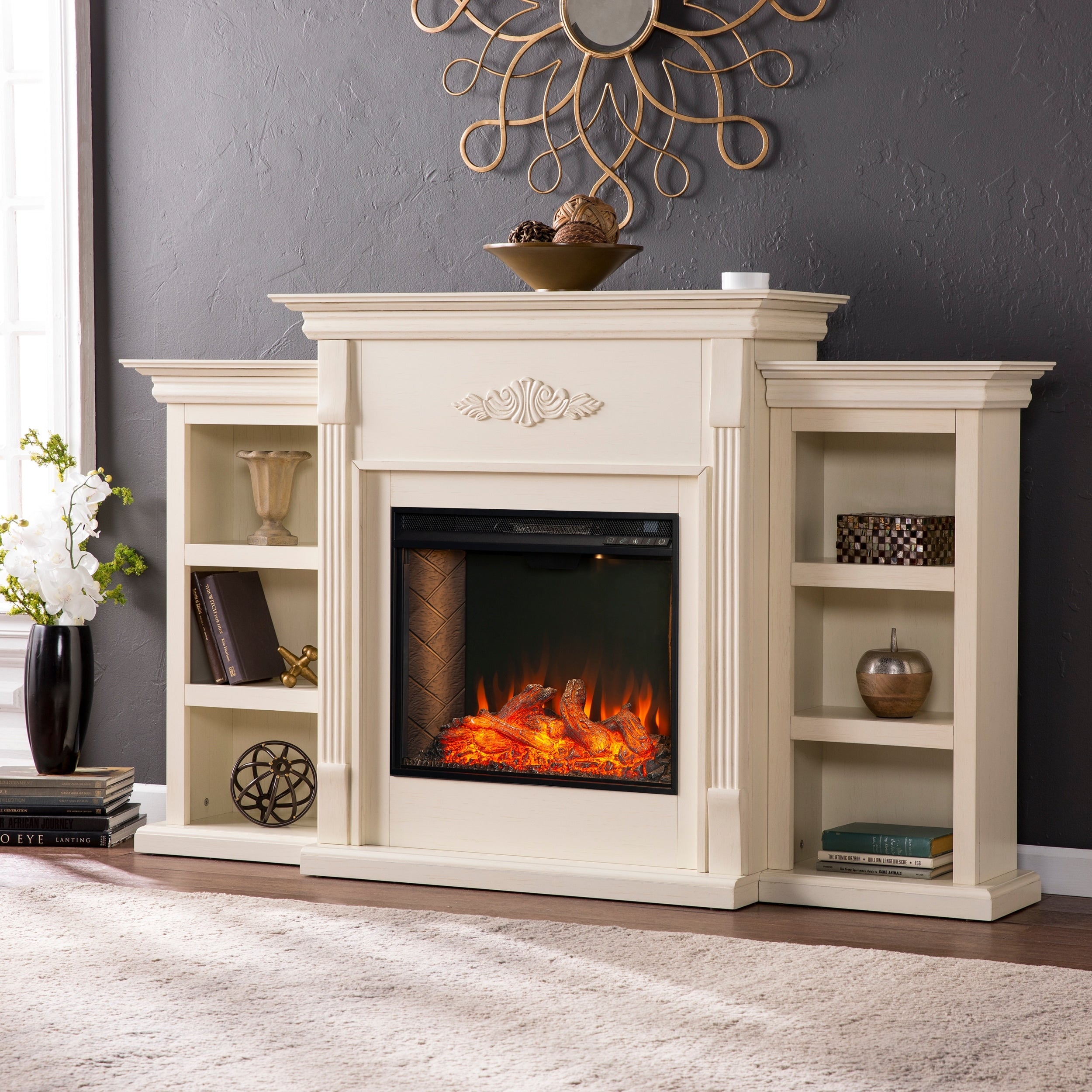 Sei Furniture Tennyson Criss Cross Electric Bookcase Fireplace 14 W X 42 D X 70 H