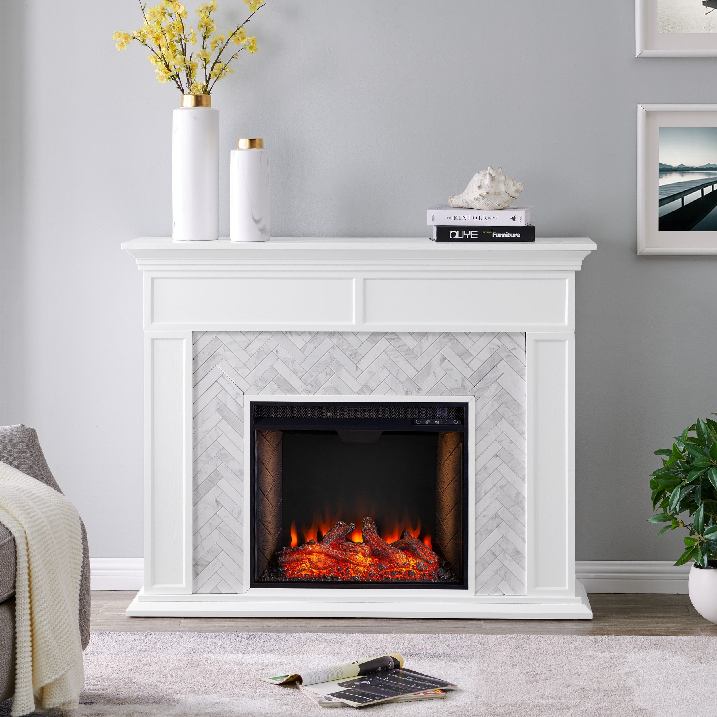 Sei Furniture Torlington Tiled Marble Fireplace Mantel With Criss Cross Electric Firebox 15 W X 39 D X 50 H