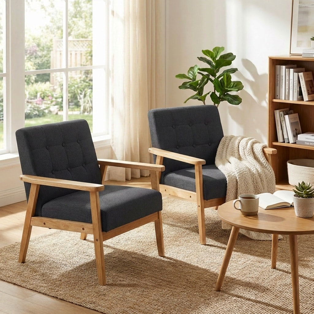 Seynar Mid Century Linen Button Tufted Accent Chair Set Of 2 With Solid Wood Frame